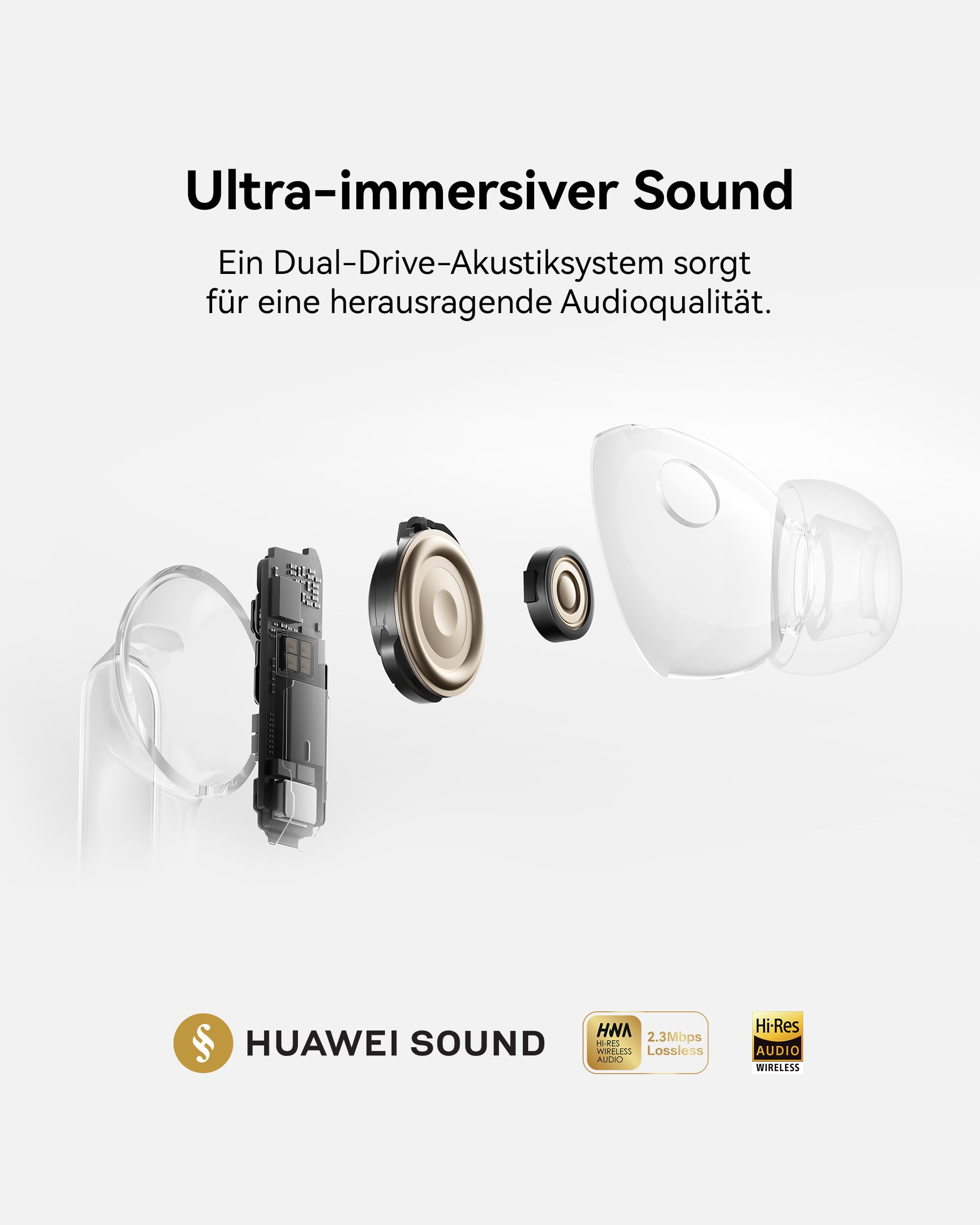 Vista esplosa degli auricolari Huawei Sound che mostra i componenti interni come altoparlanti e scheda.