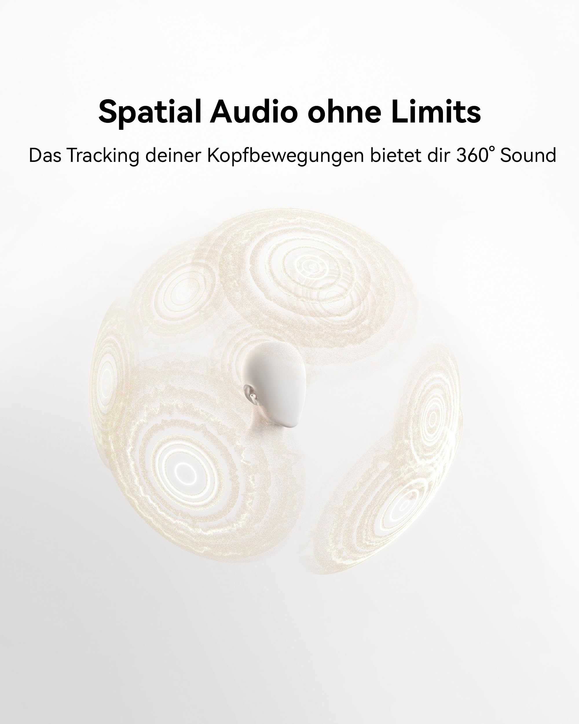 Una testa bianca dentro una sfera trasparente con motivi a onde e testo sull'audio spaziale.