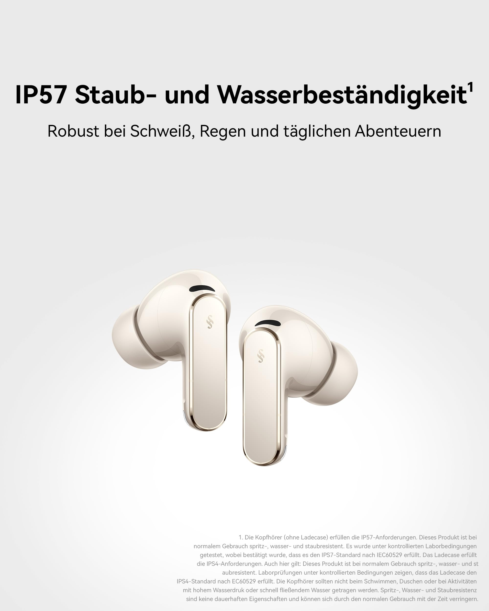 Auricolari in-ear beige con certificazione IP57 e testo promozionale su sfondo chiaro.