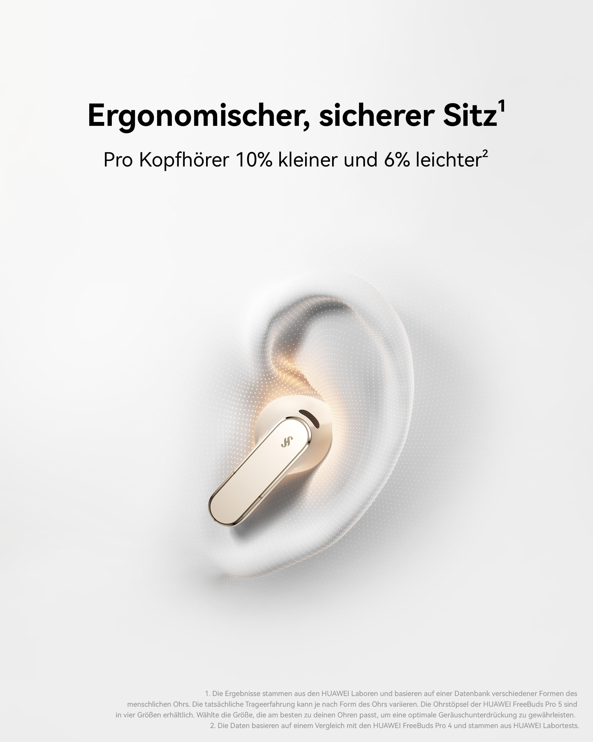 Un auricolare in-ear dorato si adatta ergonomicamente a un orecchio umano luminoso.