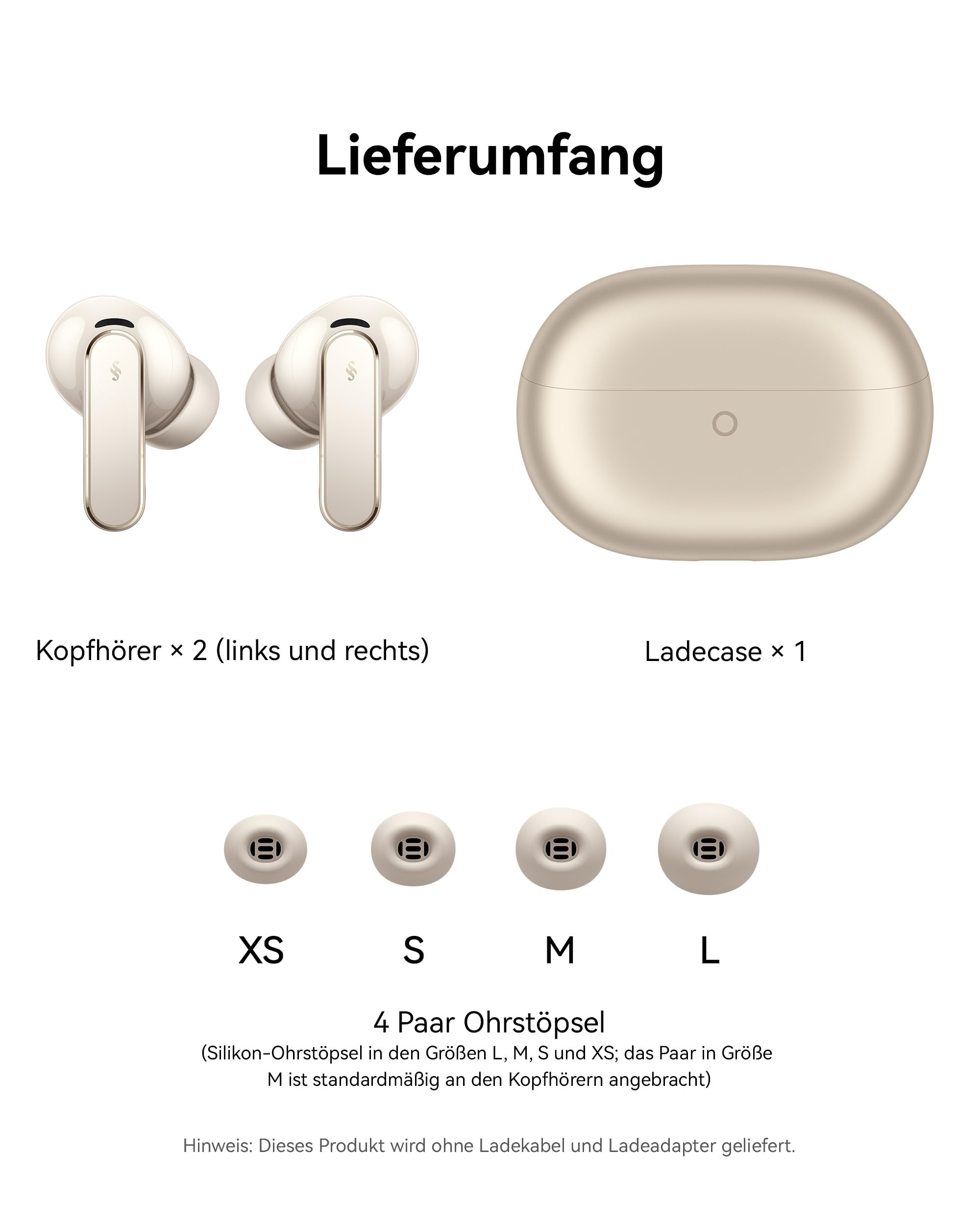 Contenuto: Due auricolari dorati, una custodia di ricarica e quattro paia di cuscinetti in silicone da XS a L.