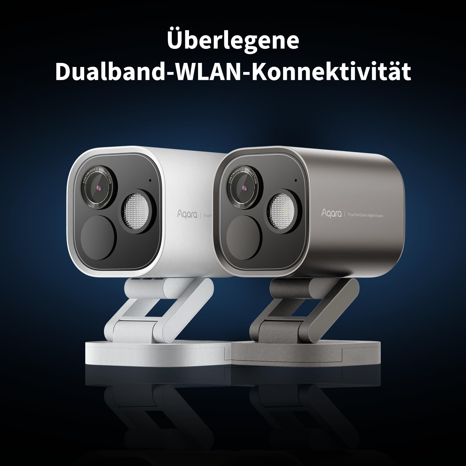 Deux caméras de sécurité Aqara blanches et grises sur fond bleu avec du texte allemand sur le Wi-Fi bi-bande.