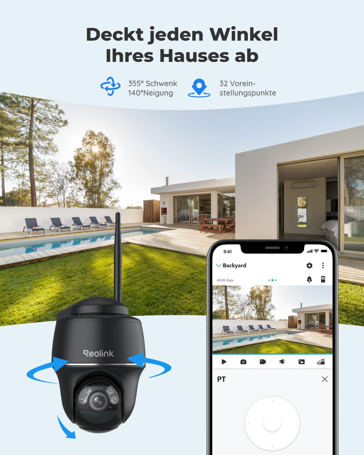 Telecamera di sicurezza Reolink con app e vista di una casa moderna con piscina.