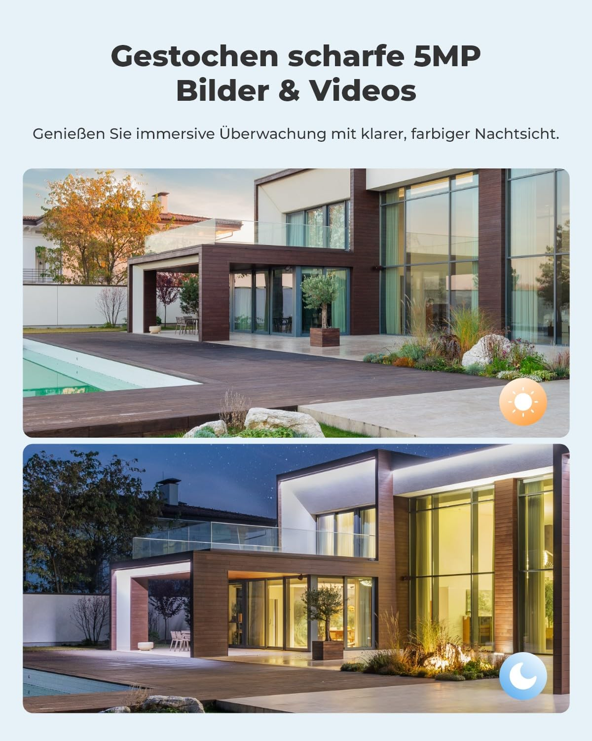 Villa moderna con piscina con visione notturna chiara e a colori.