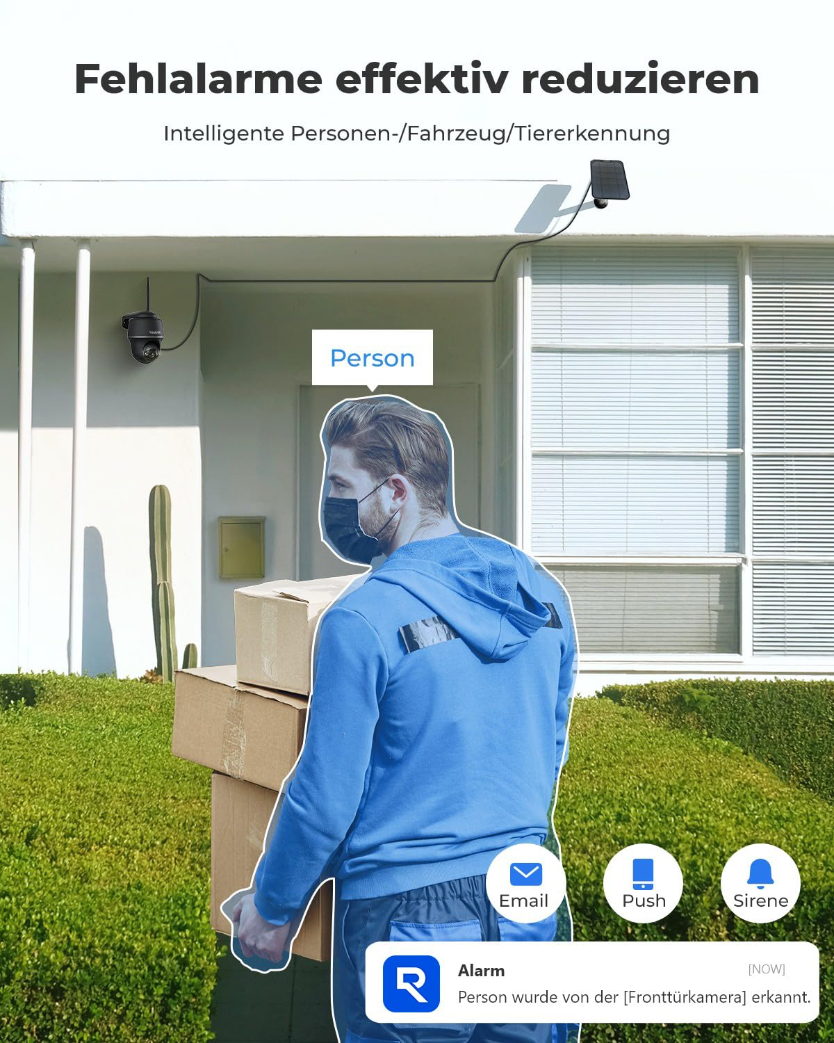 Telecamera di sicurezza rileva persona con pacchi davanti a una casa, con notifica.