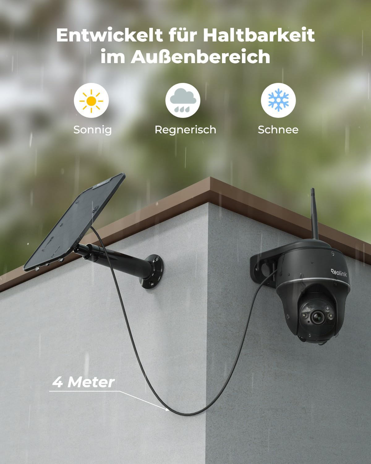 Telecamera di sicurezza resistente alle intemperie con pannello solare e cavo.