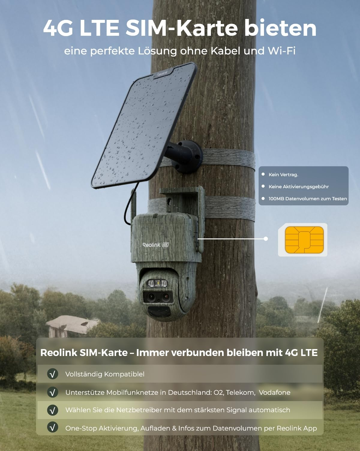 Une caméra de sécurité camouflage avec panneau solaire est montée sur un poteau en bois, avec du texte.