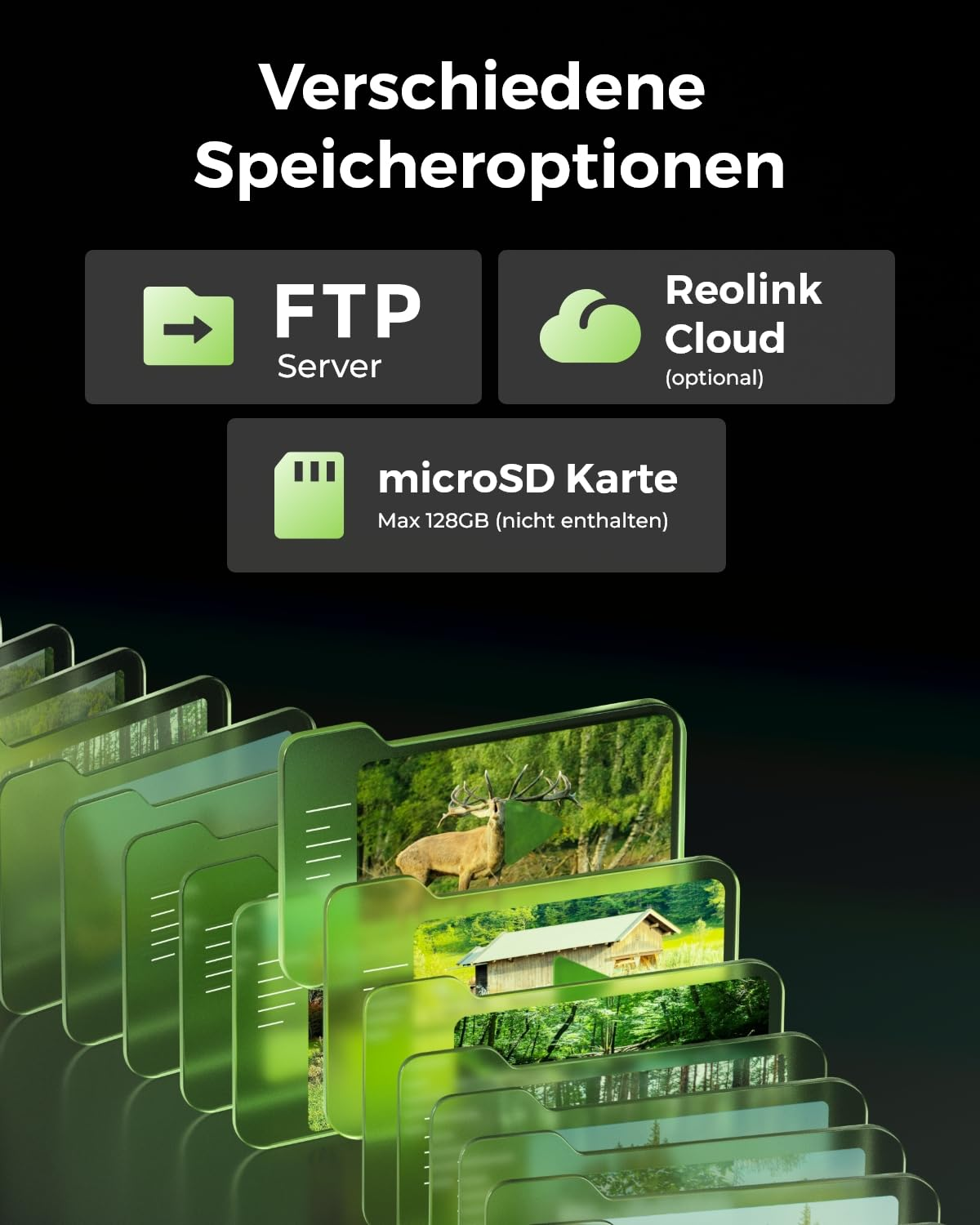 Graphique montrant des options de stockage comme FTP, cloud et microSD, avec une icône de dossier vert et des aperçus.