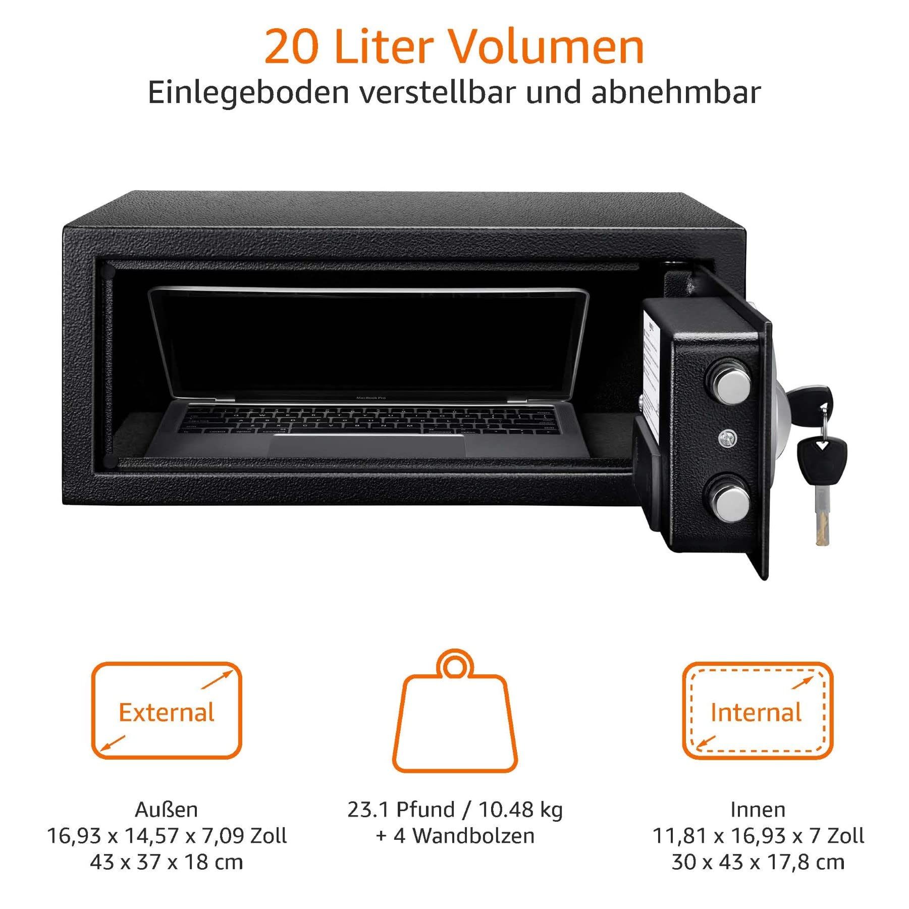 Schwarzer Safe mit offenem Tor und Laptop im Inneren, sowie Maßangaben.