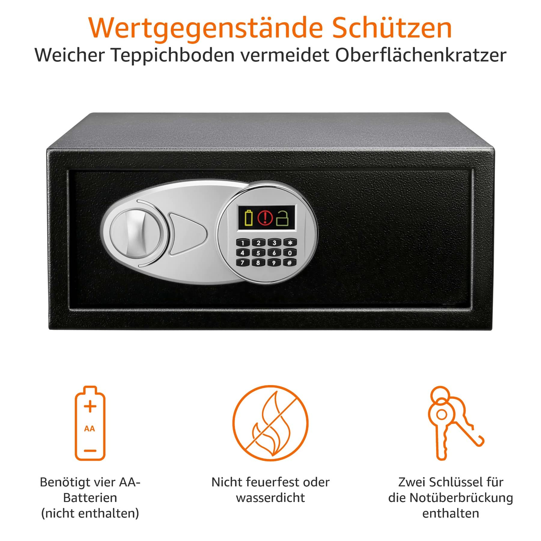 Ein schwarzer Möbeltresor mit elektronischem Tastenfeld, Drehknopf und drei Infografiken unten.