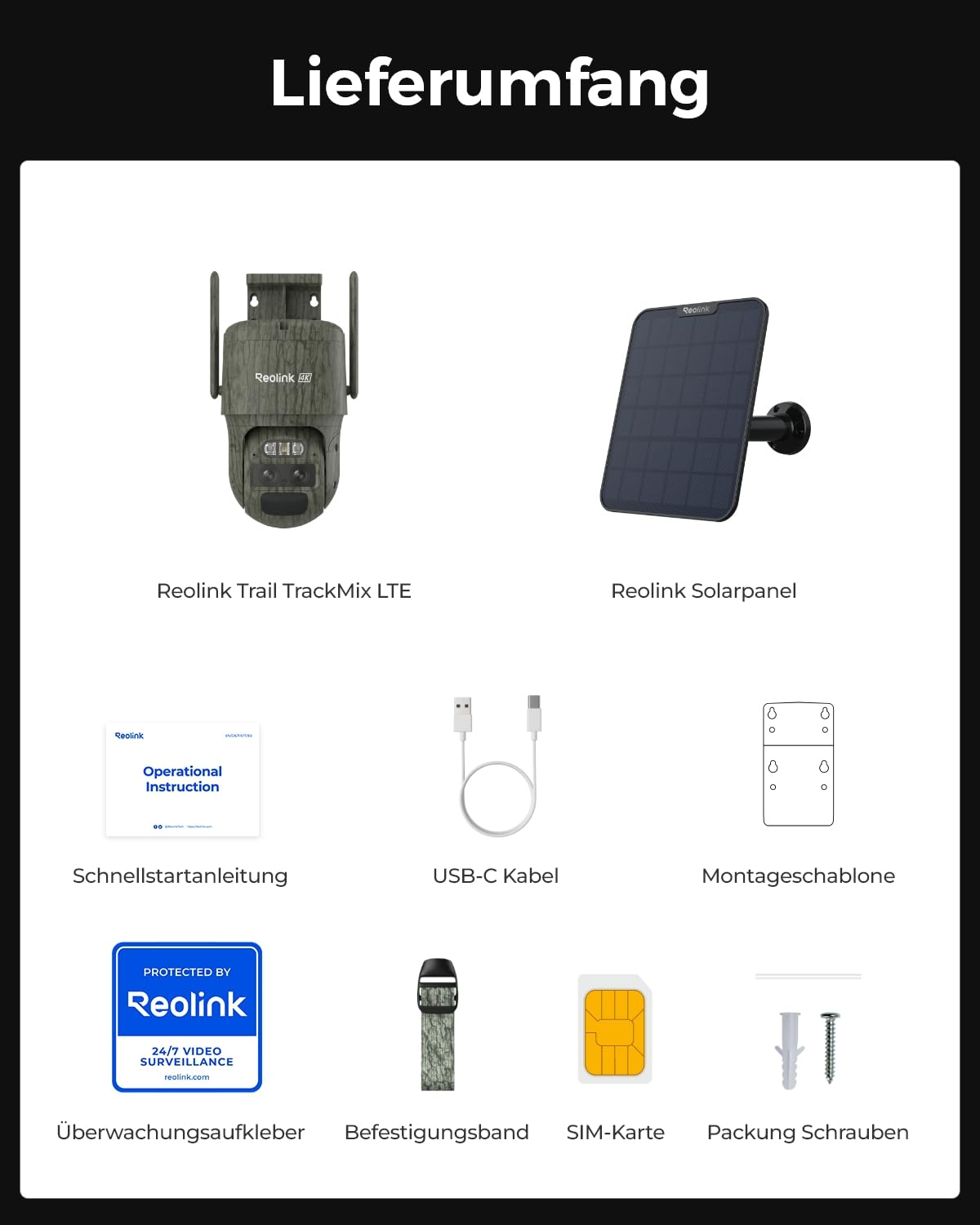 Contenu avec caméra Reolink, panneau solaire, manuel, câble USB, gabarit, autocollant, sangle, carte SIM et vis.