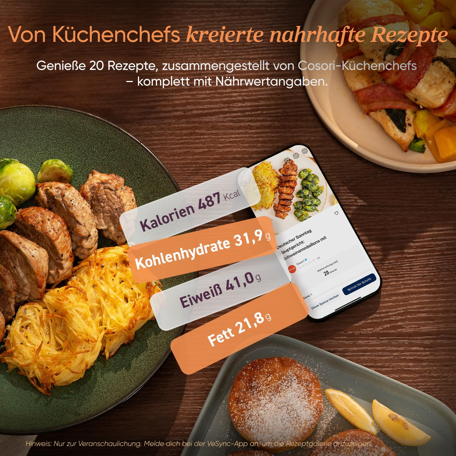 Plats sur table en bois avec smartphone affichant calories et nutrition.