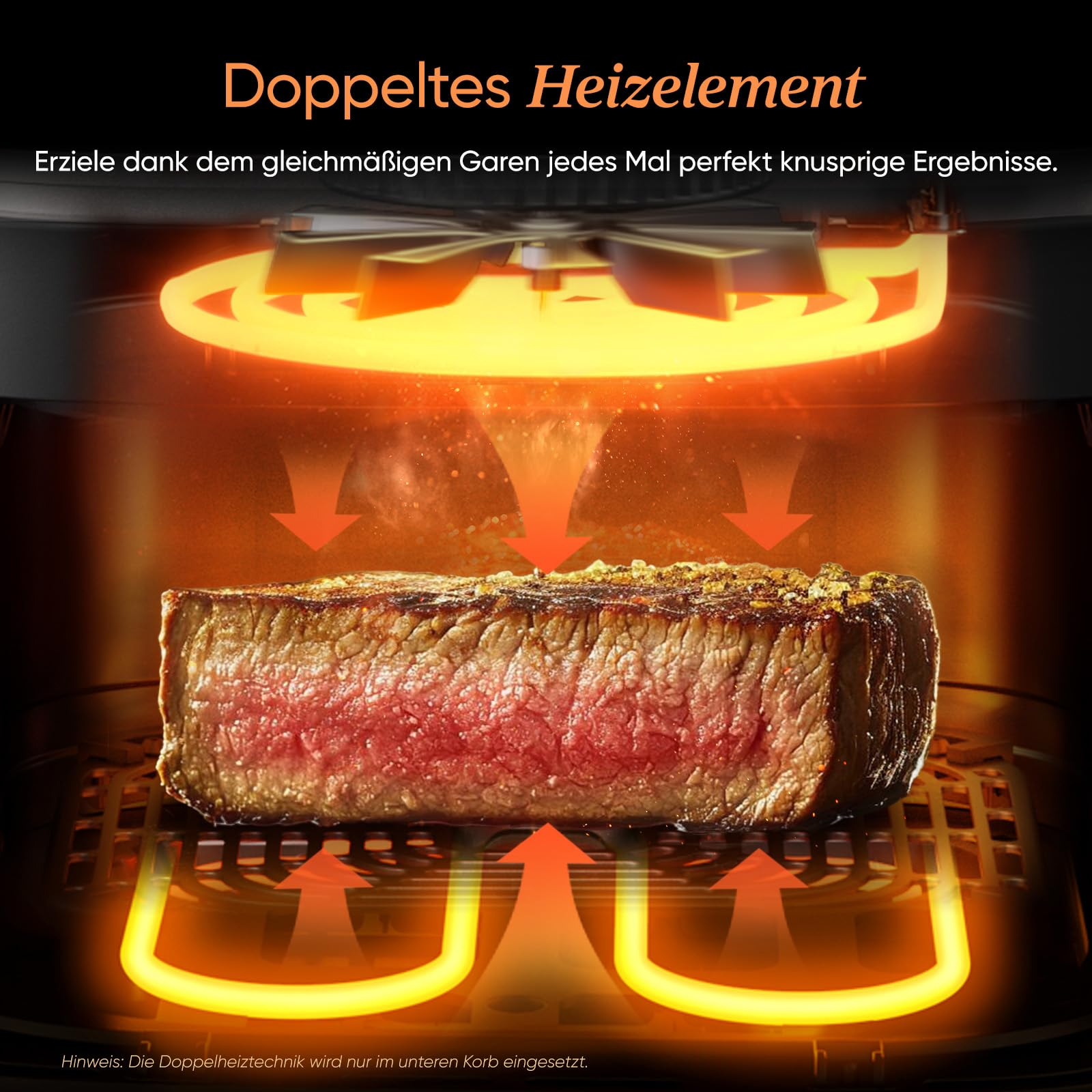 Un steak juteux cuit dans une friteuse à air avec double élément chauffant et des flèches.