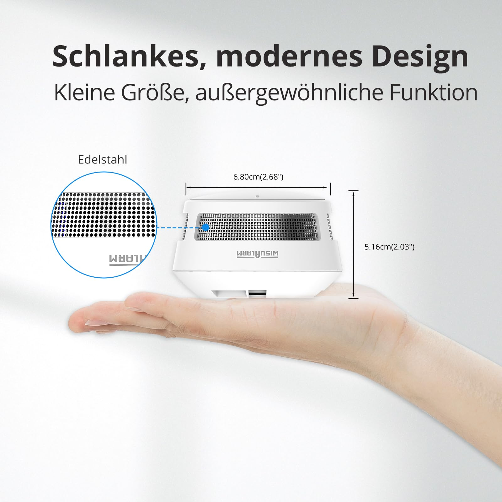 Kleine weiße Alarmanlage in einer Hand mit Größenangaben und Detailansicht aus Edelstahl.