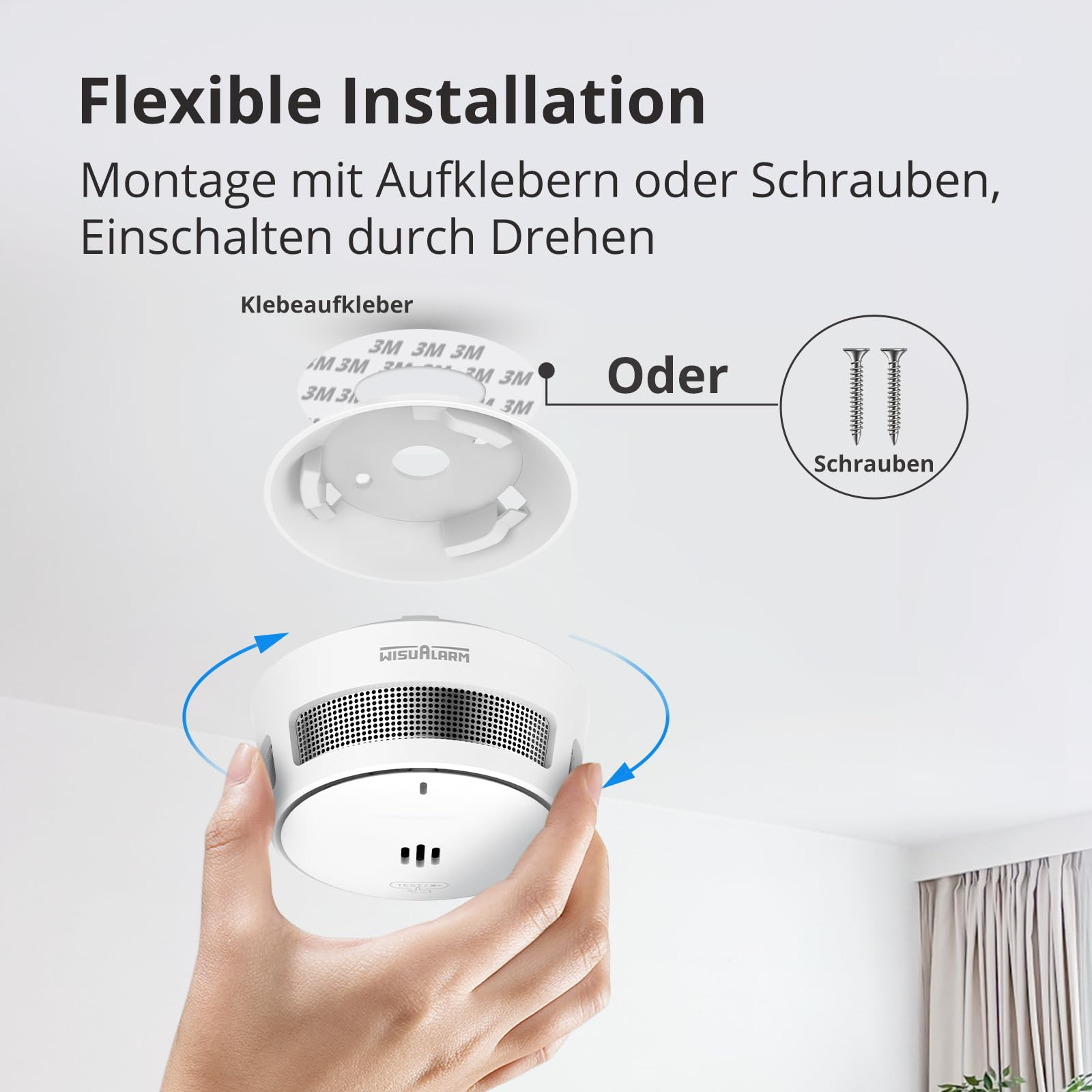 Diagramm zeigt flexible Installation eines Rauchmelders durch Kleben oder Schrauben und Drehen zum Einschalten.