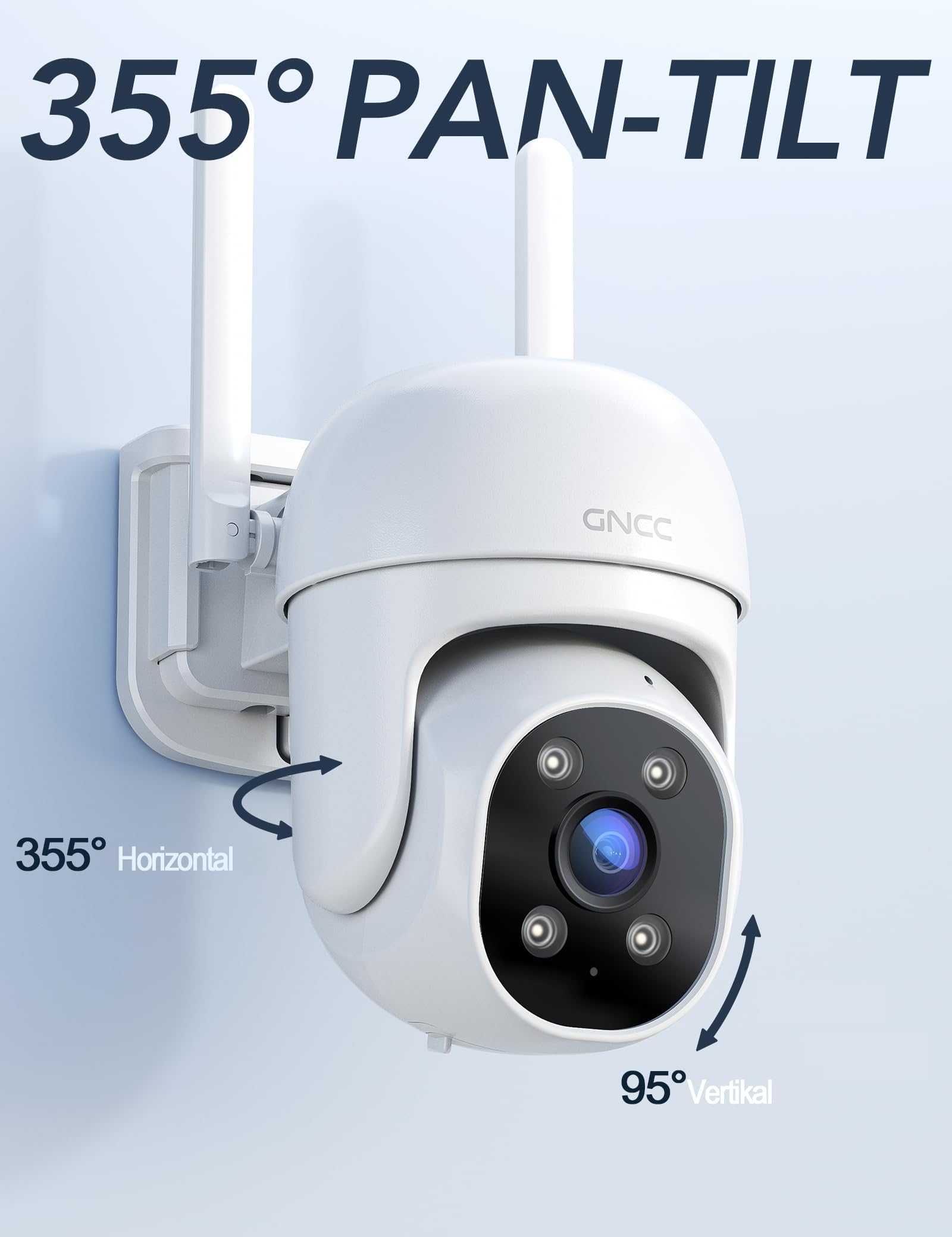 Telecamera di sicurezza GNCC bianca montata a parete con rotazione a 355 e inclinazione a 95 gradi.