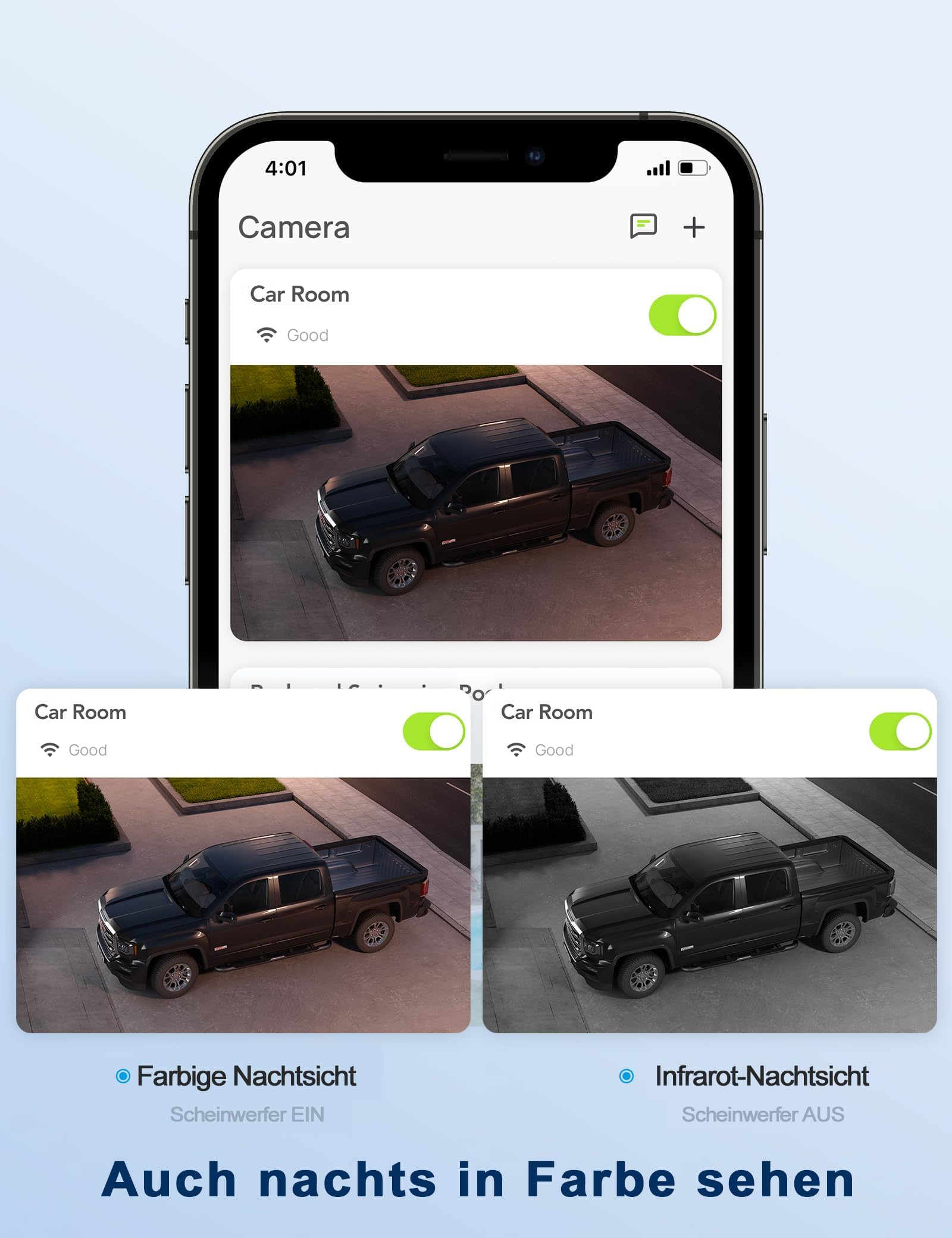 Schermo di uno smartphone con app di sicurezza che mostra visione notturna a colori e a infrarossi di un'auto.