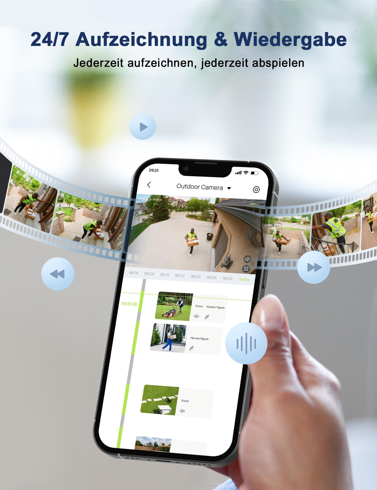 Uno smartphone mostra un'app per fotocamera esterna con fotogrammi registrati.