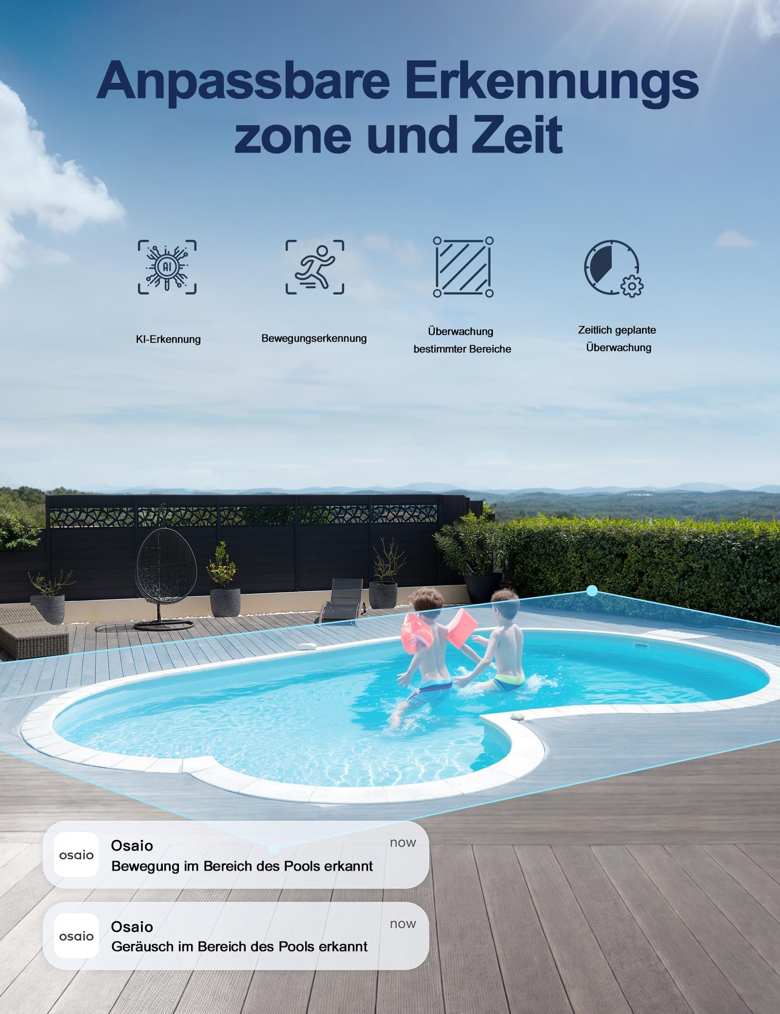 Due bambini nuotano in una piscina con una sovrapposizione blu che mostra zone di rilevamento personalizzate.