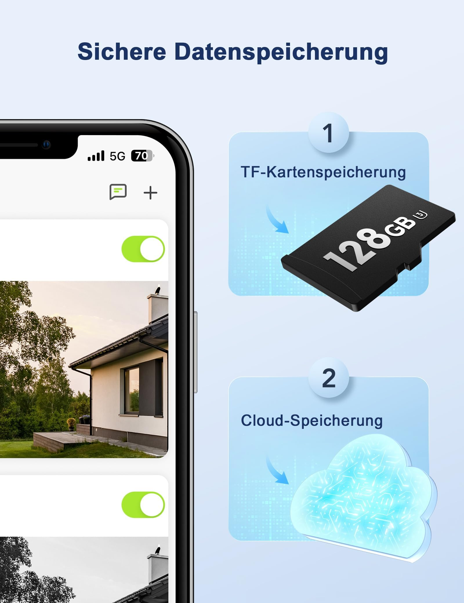 Smartphone mostra app con grafiche per scheda TF e cloud storage.