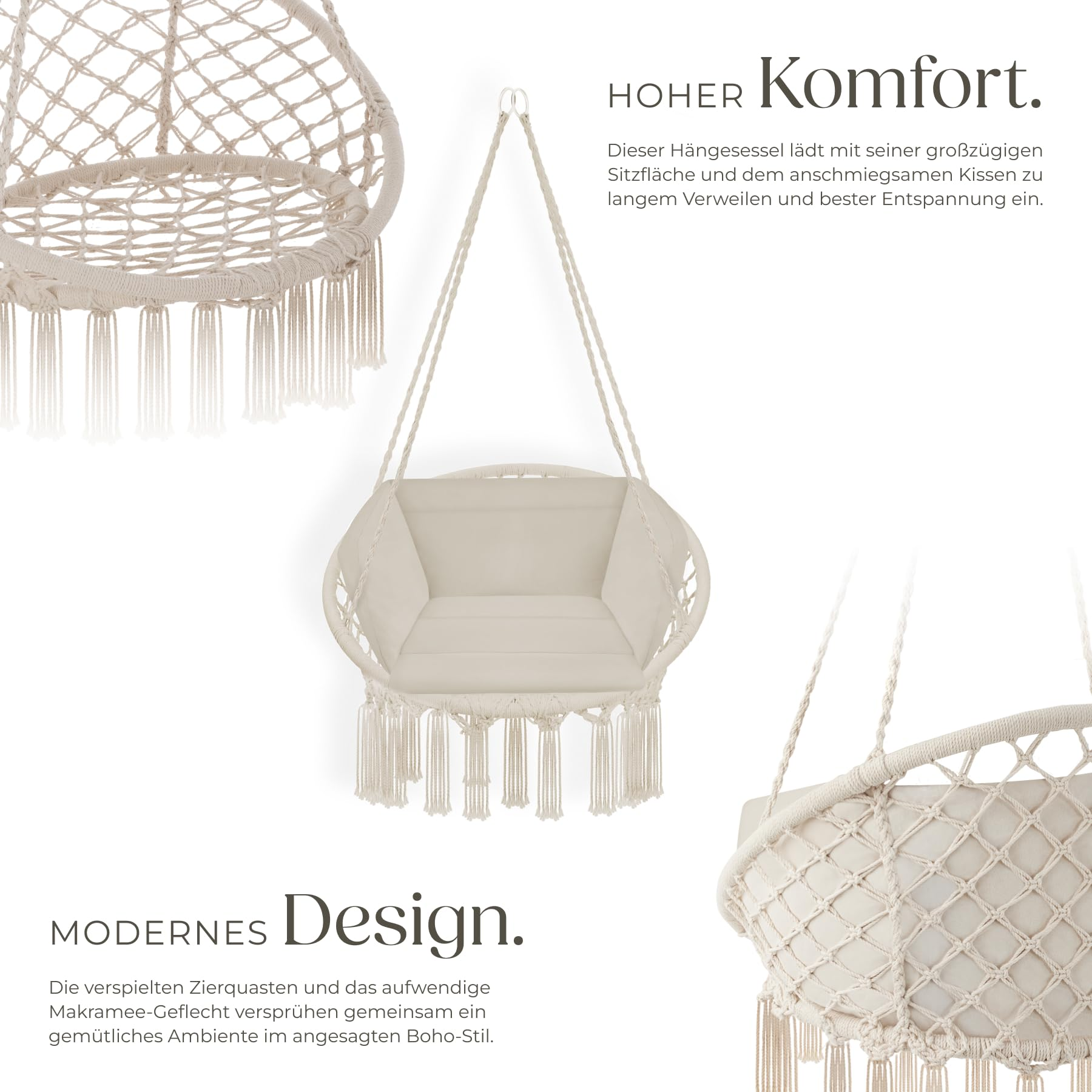 Beiger Makramee-Hängesessel mit Kissen im Boho-Stil und deutschem Werbetext.