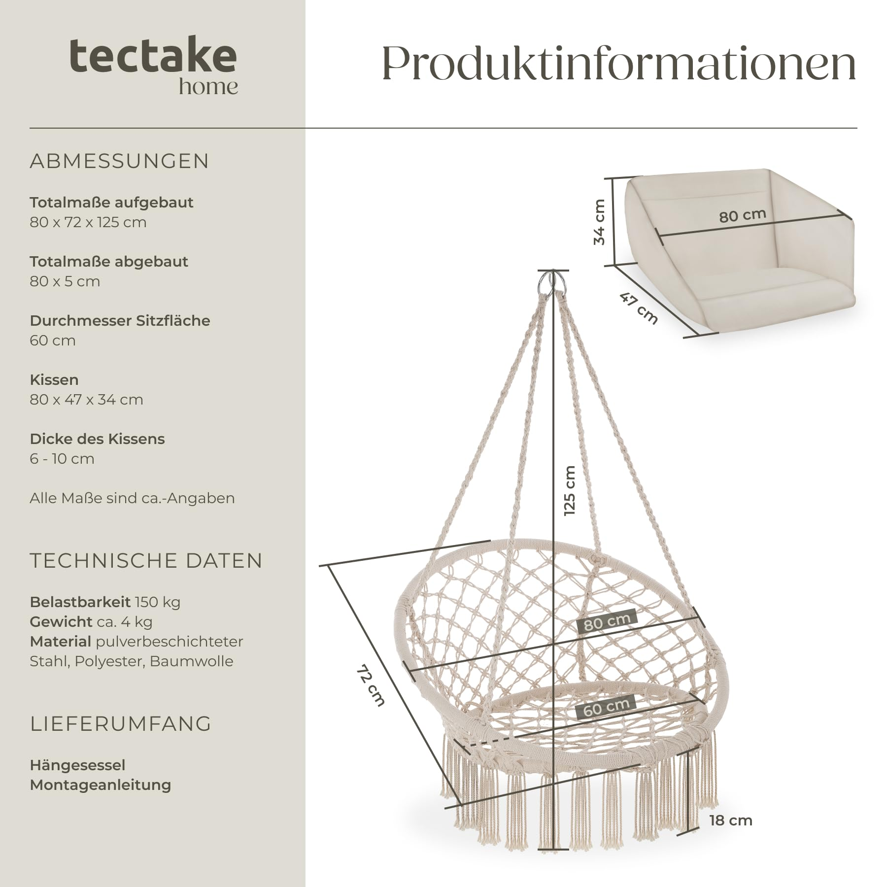 Technische Zeichnung mit Maßen für einen beigefarbenen Hängesessel mit Kissen.