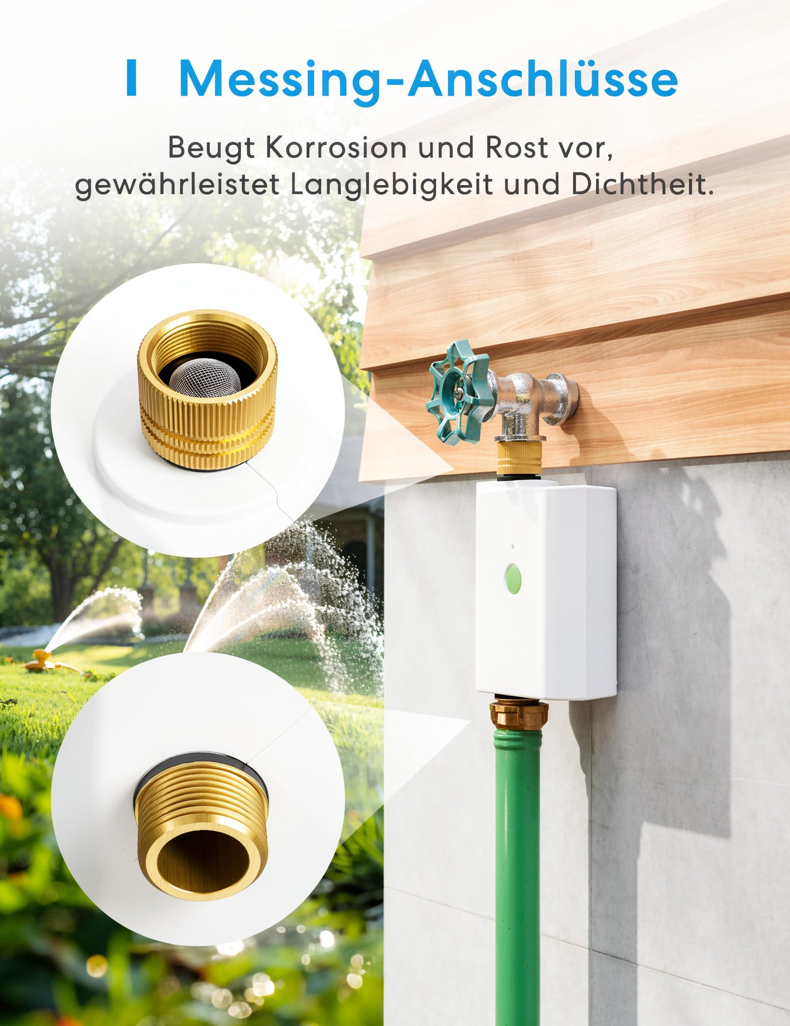 Ein intelligenter Wasserzähler am Außenwasserhahn, der Messinganschlüsse mit Nahaufnahmen zeigt.