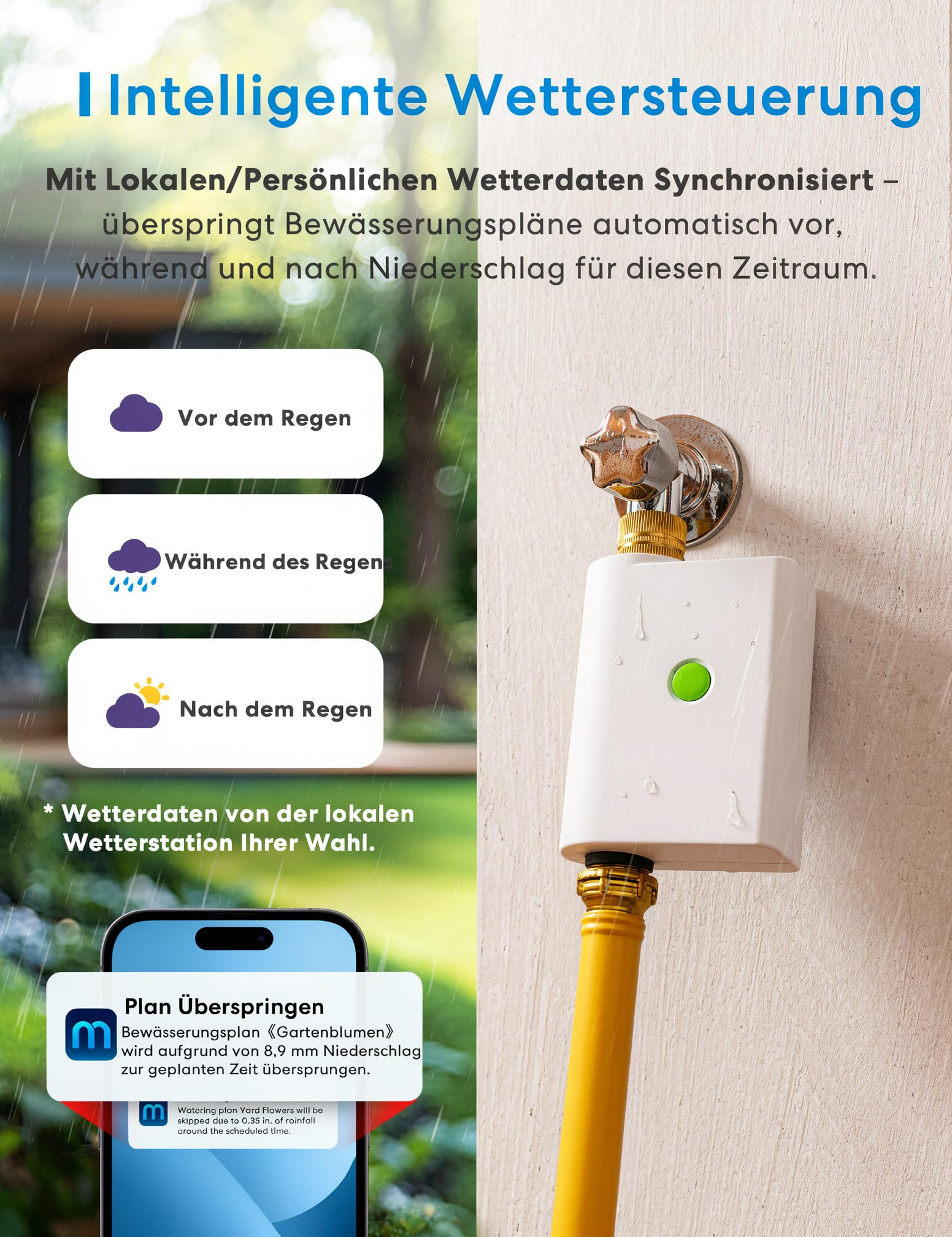Intelligente Wettersteuerung für automatische Bewässerung, verbunden mit einem Wasserhahn und Smartphone.