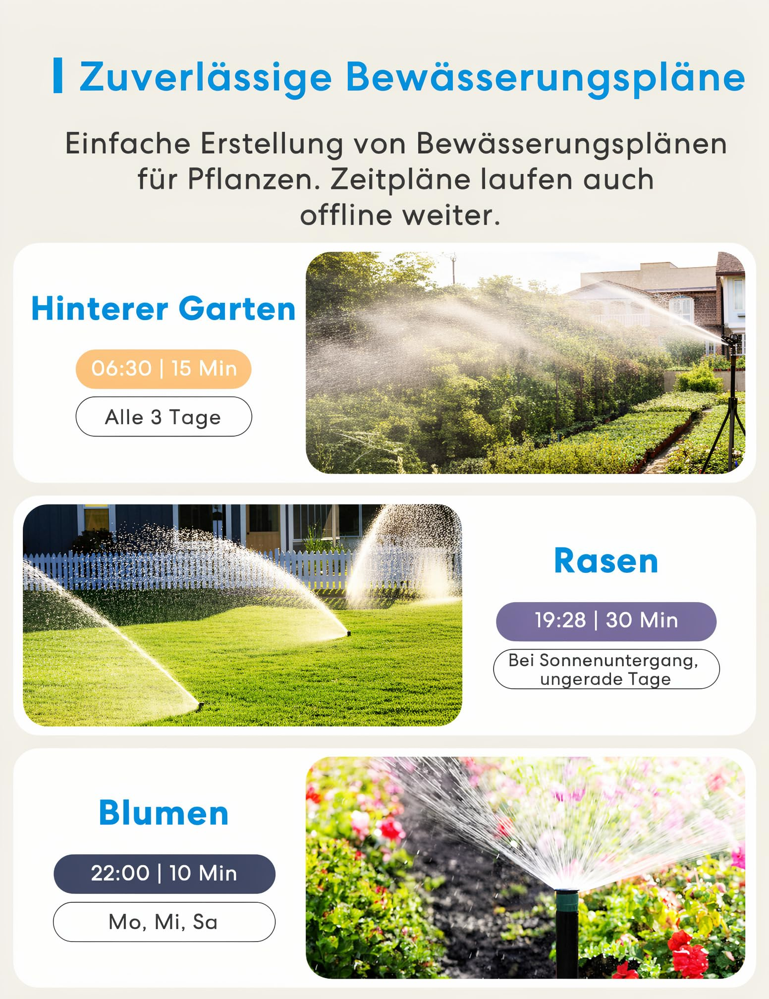 App-Interface zeigt zuverlaessige Bewaesserungsplaene fuer den Garten mit verschiedenen Zonen.