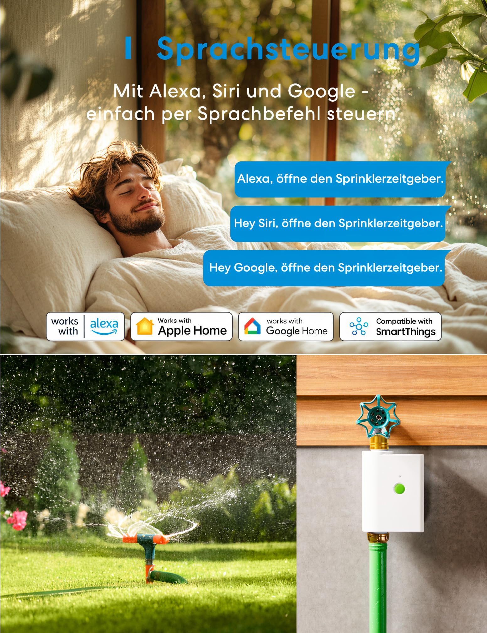 Ein Mann liegt entspannt im Bett und steuert einen Sprinkler per Sprachbefehl mit Alexa, Siri und Google.