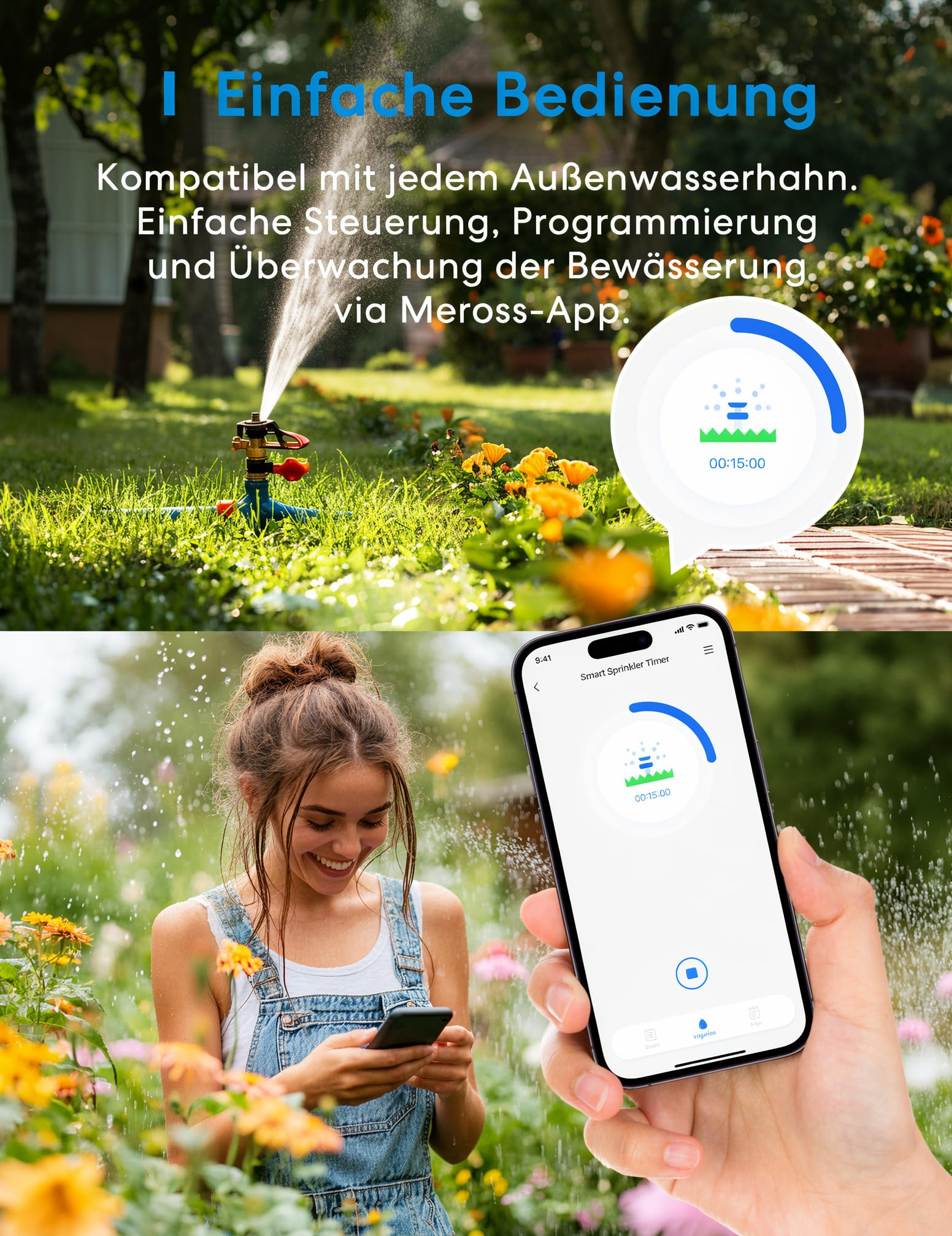 Eine lächelnde Frau steuert per Smartphone einen Rasensprenger, der im Garten Wasser sprüht.