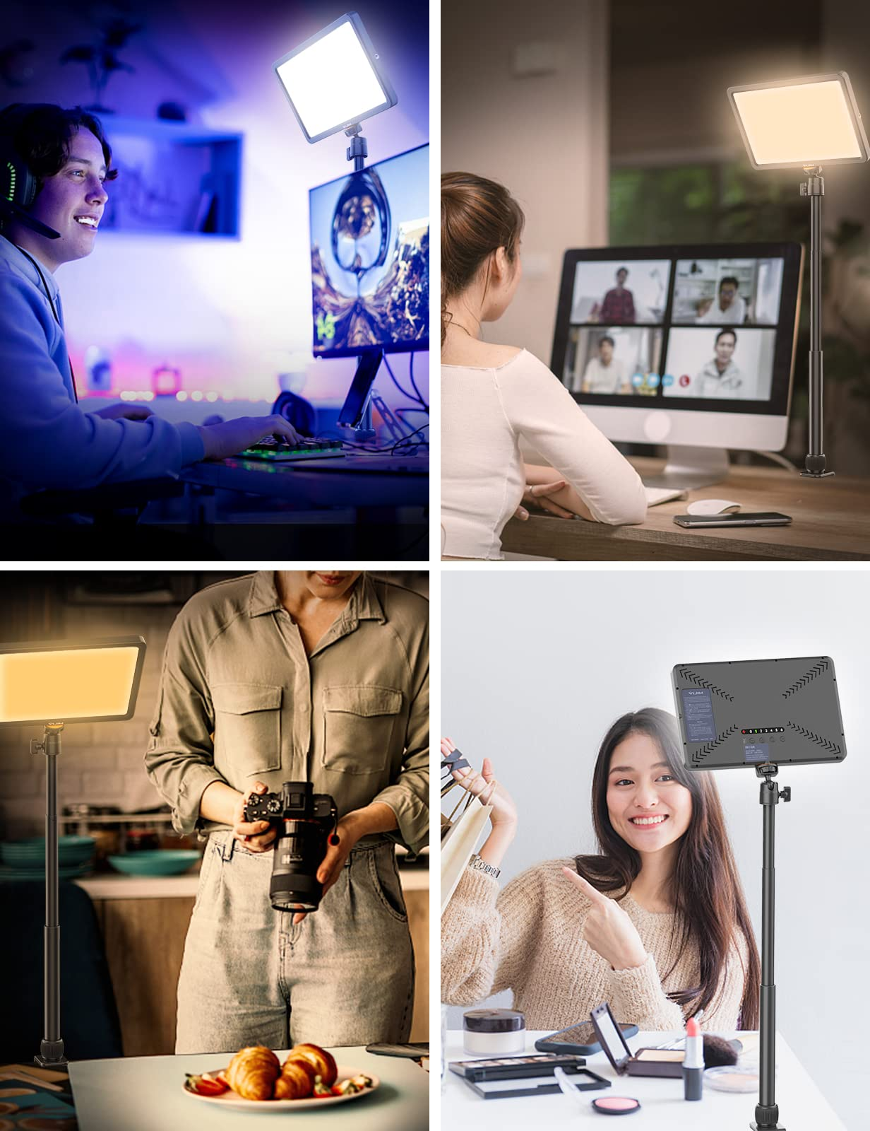 Quatre images montrent des panneaux LED en action : jeu, bureau, photographie et création de contenu.