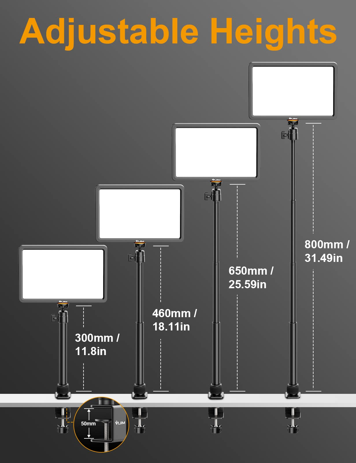 Quatre panneaux LED sur pieds réglables avec des hauteurs de 300mm à 800mm.