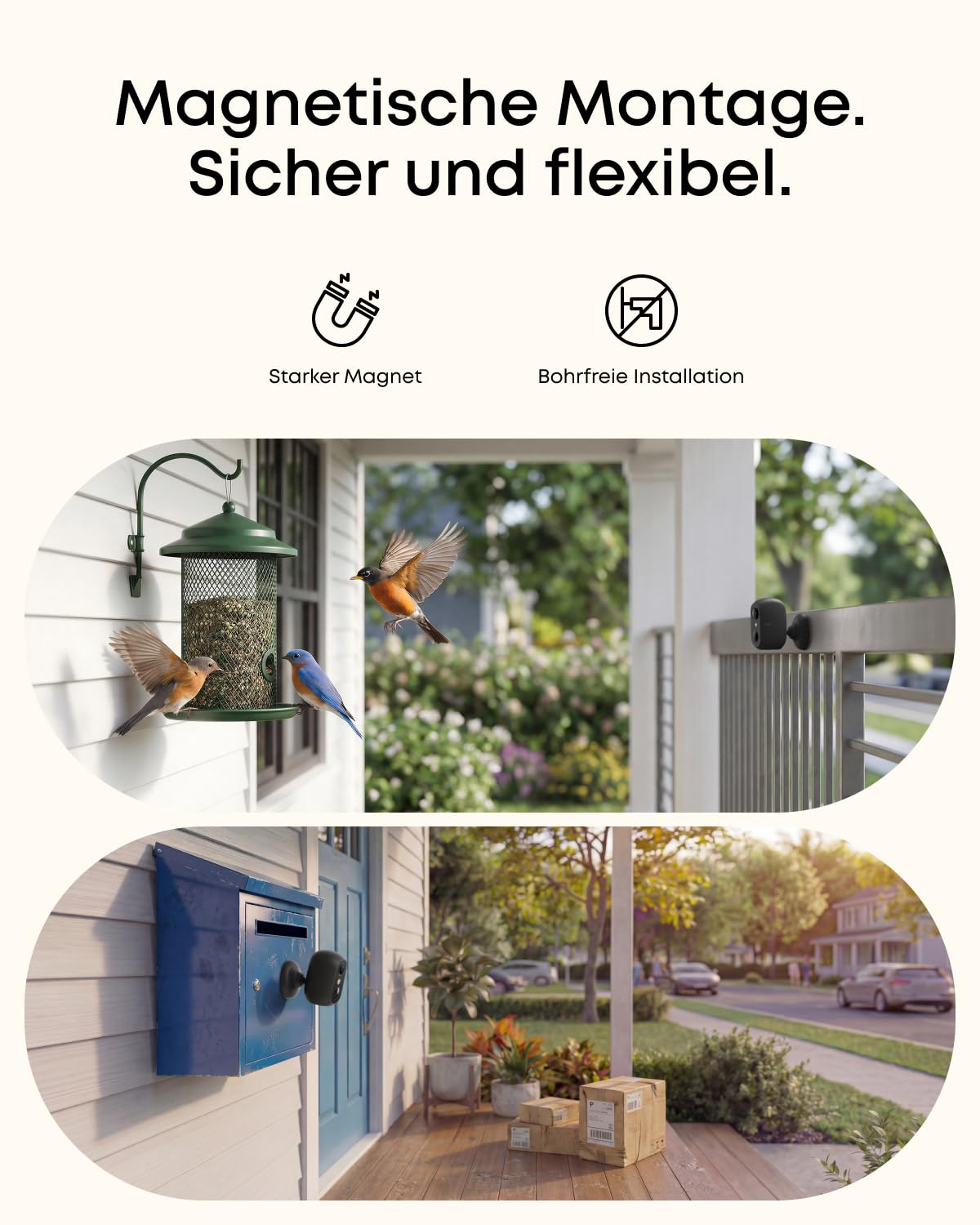 Magnetische Montage für Kameras. Gezeigt sind Vögel am Futterhäuschen und Kameras an einem Zaun und Briefkasten.