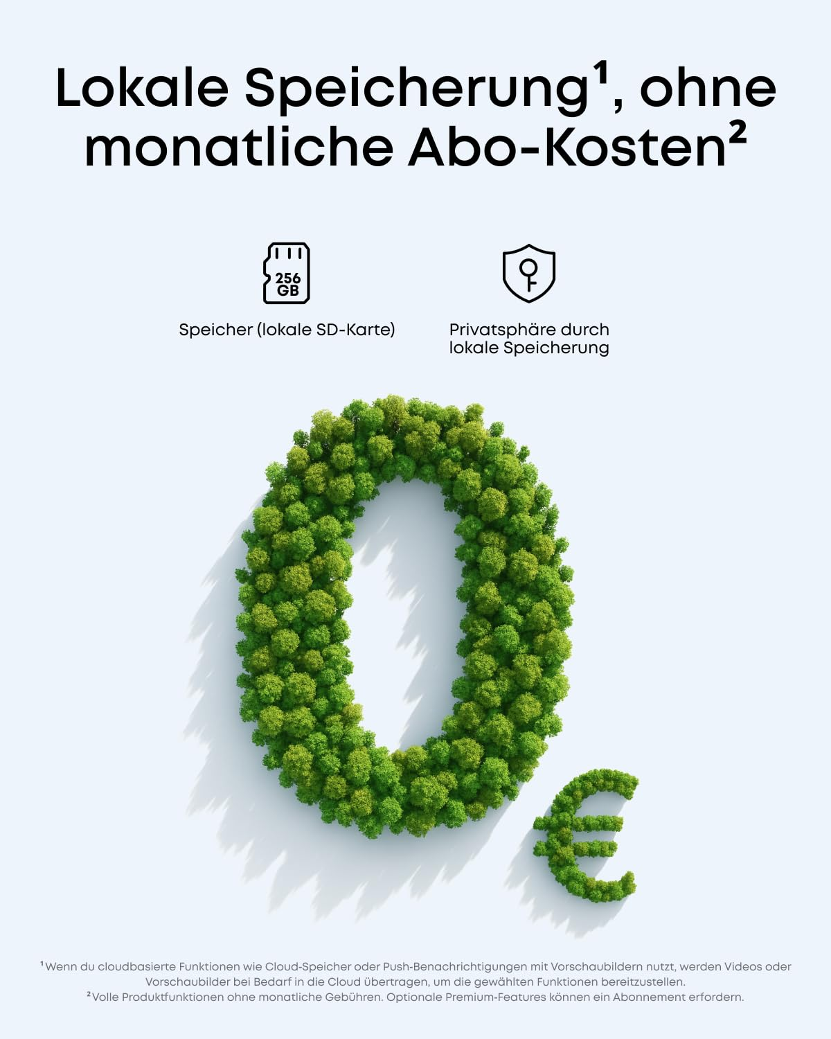 Werbung für lokalen Speicher ohne Abo, dargestellt durch grüne Busch-Zahl 0 und Euro-Zeichen.