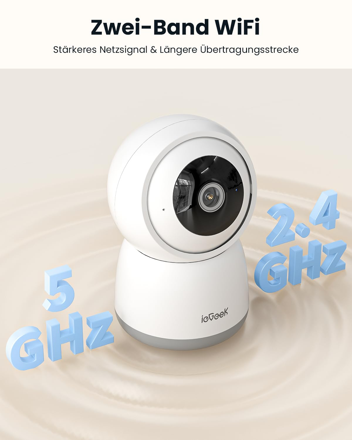 Une caméra de sécurité blanche avec des icônes Wi-Fi 2,4 GHz et 5 GHz sur fond beige.