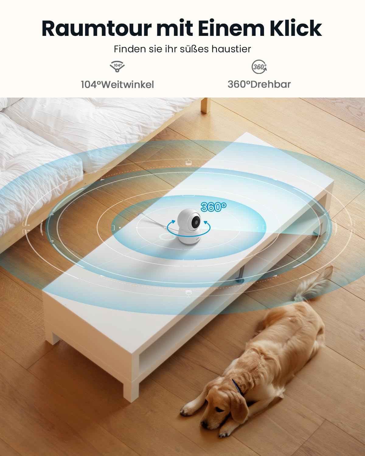 Une caméra de sécurité blanche sur une table avec un graphique à 360 degrés, un chien au sol et du texte allemand.