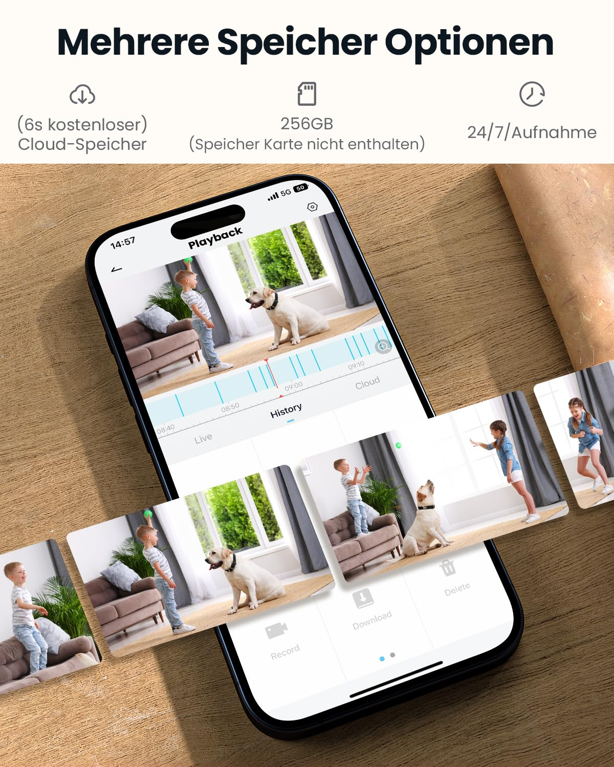 Smartphone sur bois affiche une appli avec stockage, cloud et lecture d'un enfant et d'un chien.