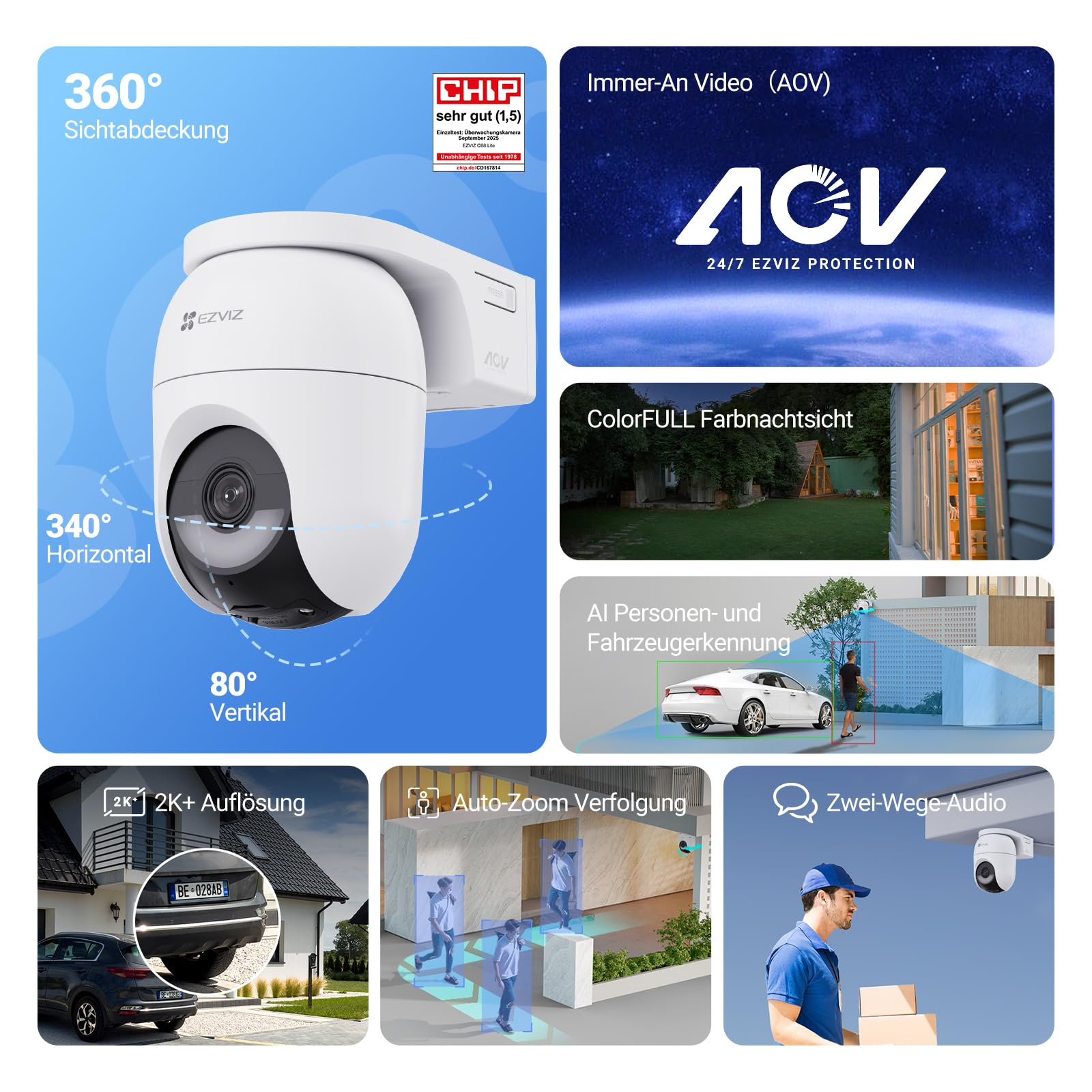 Una telecamera di sicurezza EZVIZ bianca con copertura a 360 gradi, visione notturna a colori e tracciamento.
