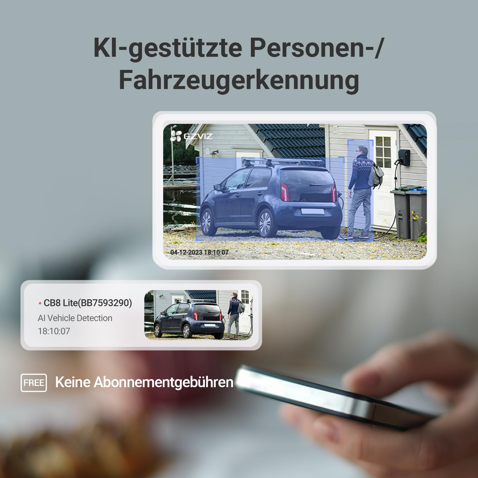 Grafica che mostra il rilevamento di persone e veicoli tramite IA con smartphone.