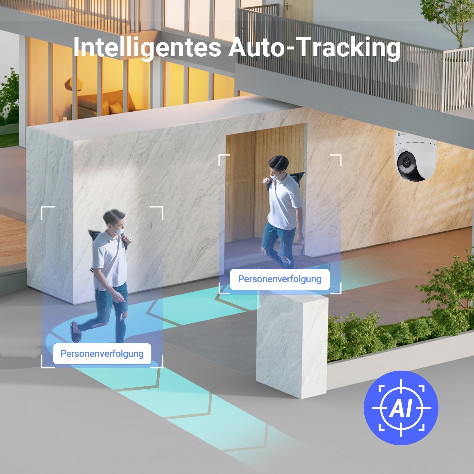 Telecamera di sicurezza traccia una persona in una moderna zona residenziale con IA.