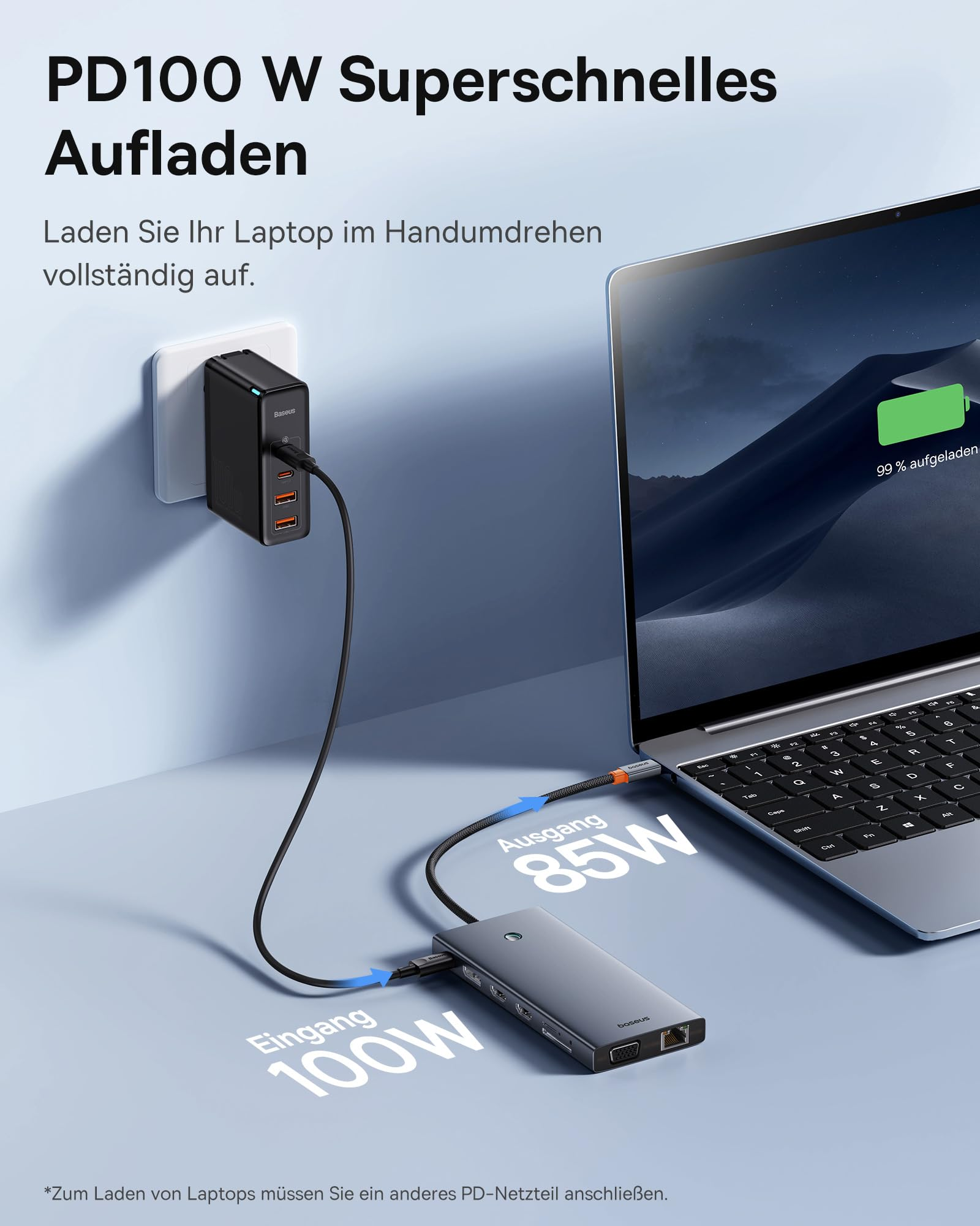Un caricatore a muro alimenta un computer tramite una dock.