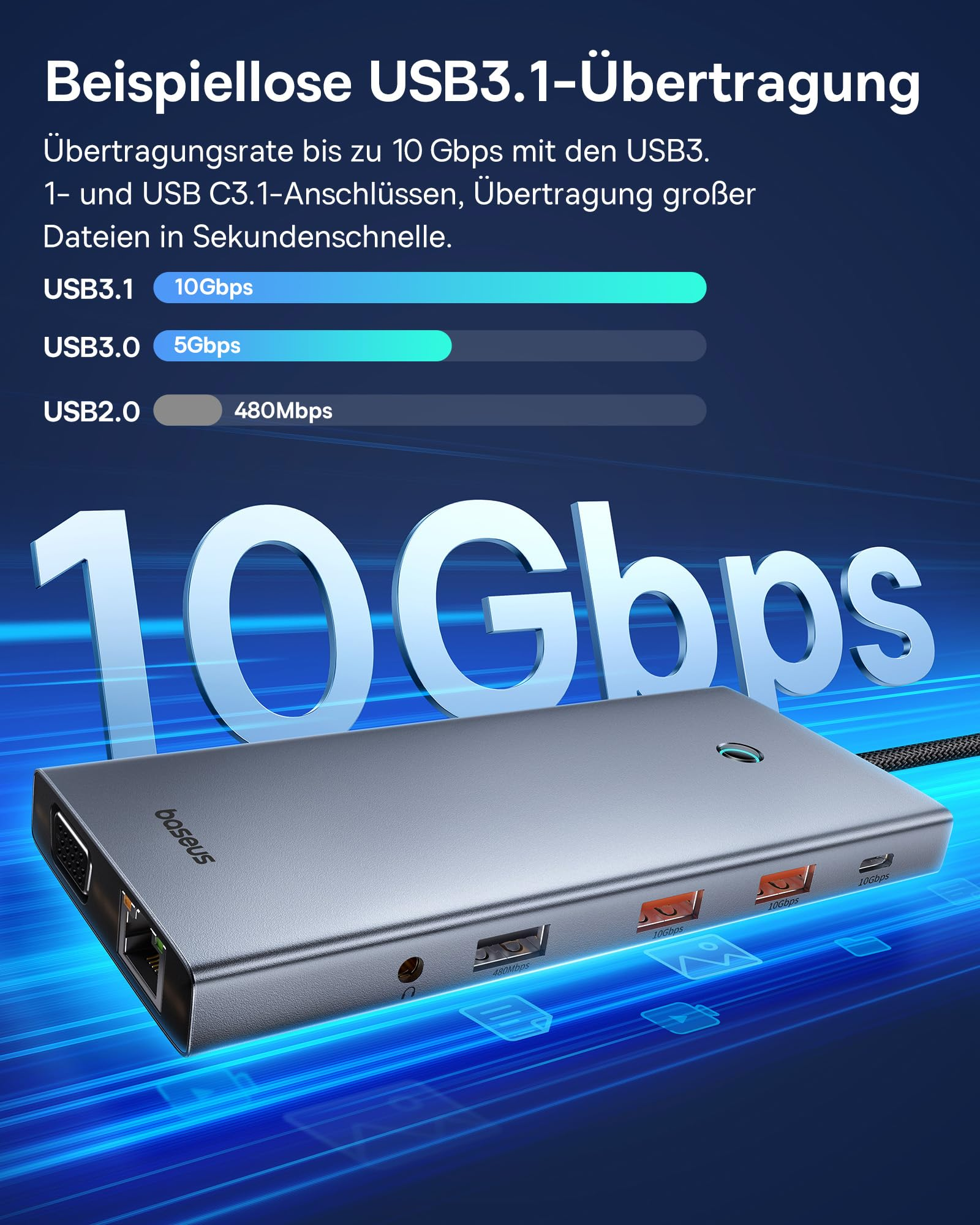 Hub USB-C Baseus grigio con varie porte e confronto di velocità su sfondo blu luminoso.