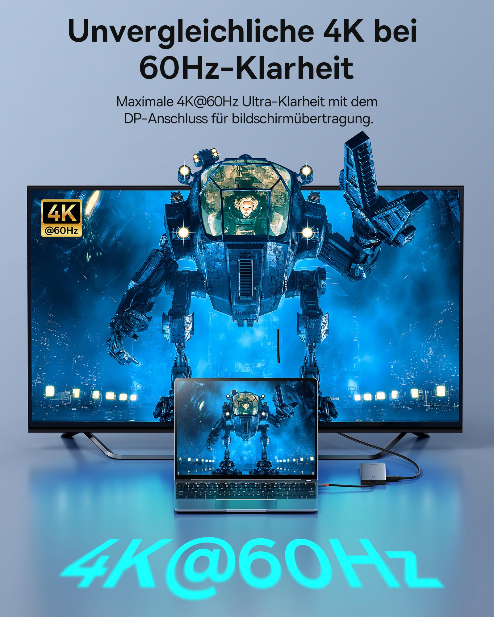 Un laptop collegato tramite cavo a un grande monitor mostra una scena mecha futuristica in 4K a 60Hz.
