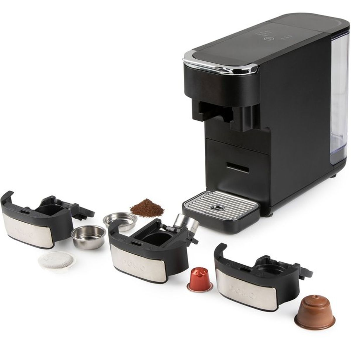 Schwarze Kaffeemaschine mit abnehmbaren Halterungen für Kapseln, Pads und Kaffeepulver auf weißem Hintergrund.