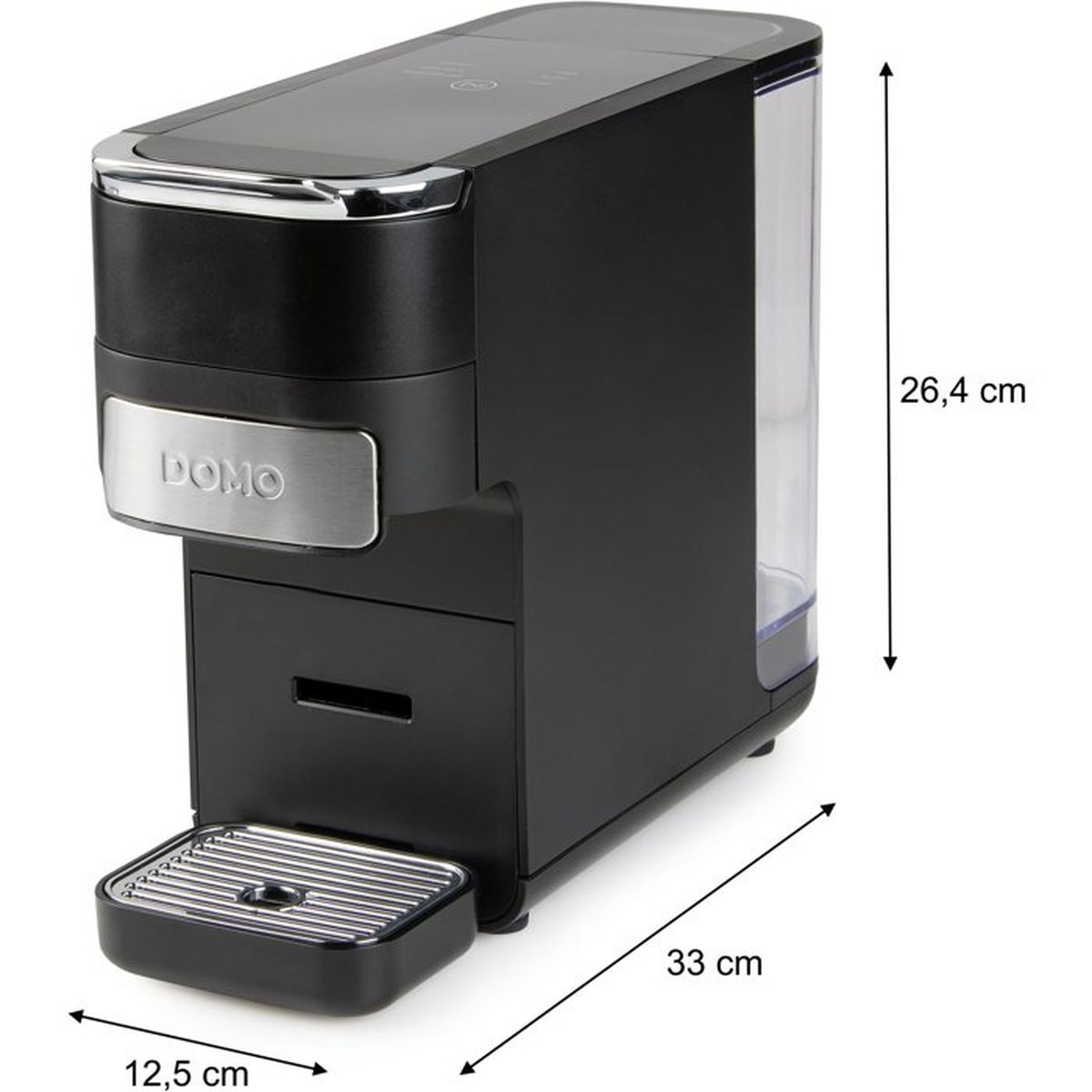 Eine schwarze Domo-Kaffeemaschine mit den Maßen: 26,4 cm Höhe, 33 cm Tiefe und 12,5 cm Breite.