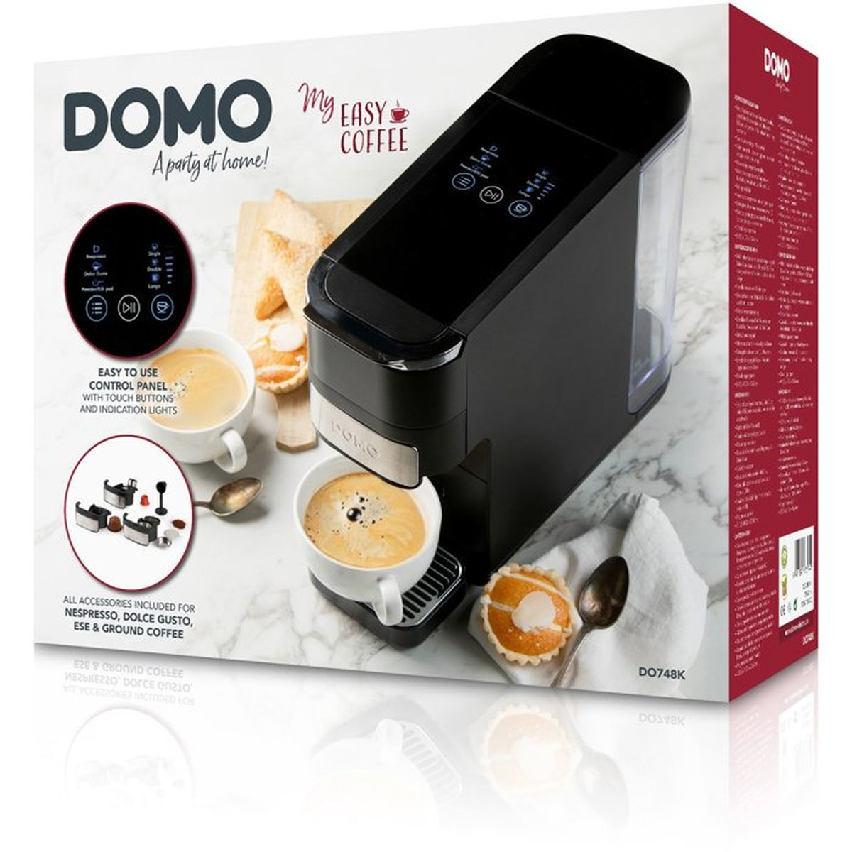 Eine schwarze Domo-Kaffeemaschinenverpackung auf Marmor mit Kaffeetasse und Gebäck.