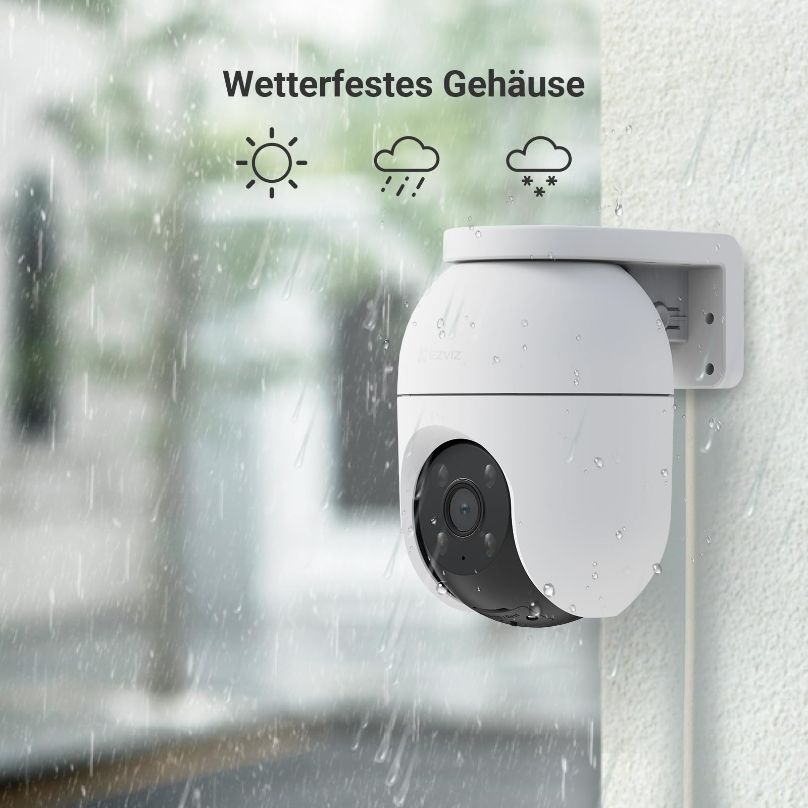 Telecamera di sicurezza resistente alle intemperie sotto la pioggia, con icone di sole, pioggia e neve.