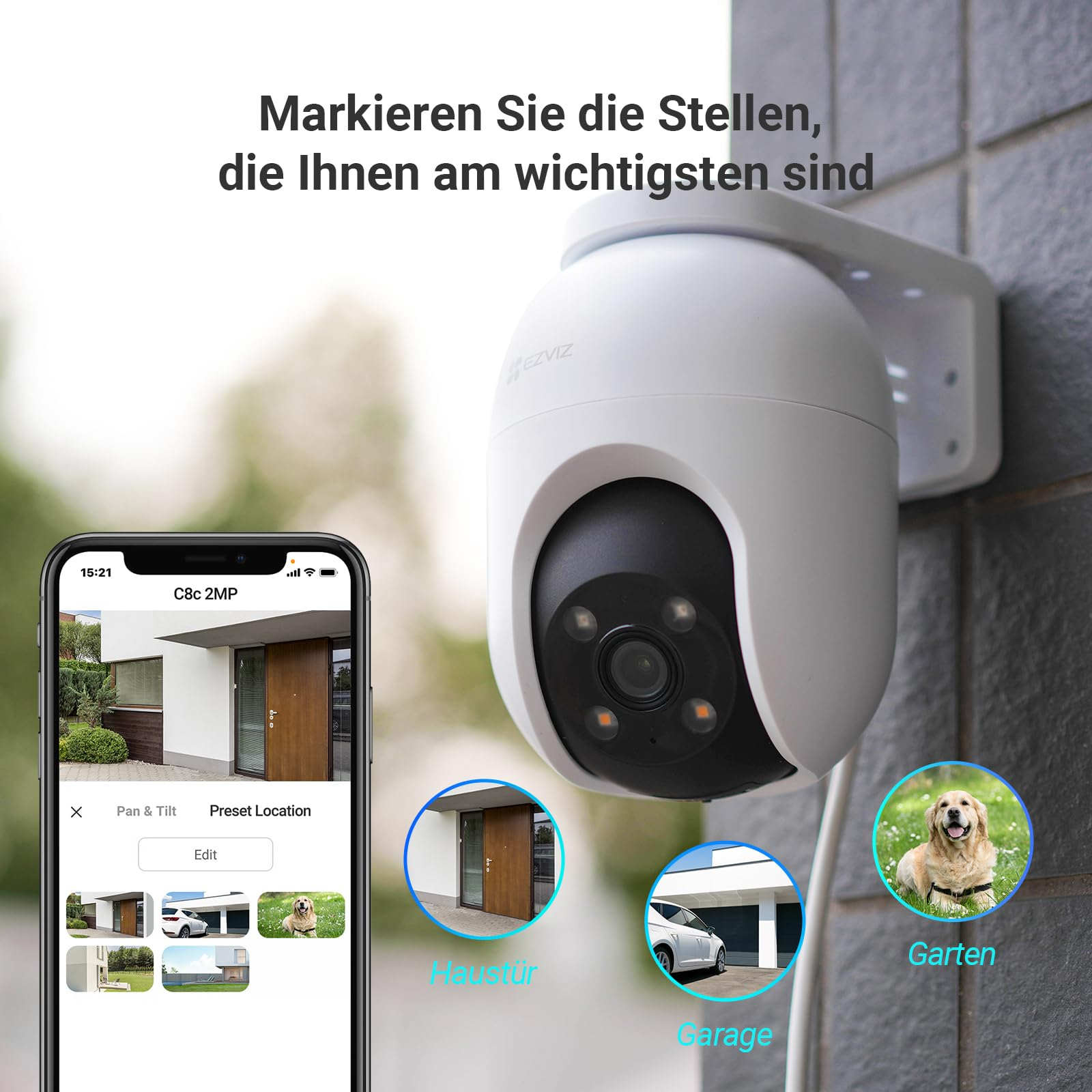 Telecamera di sicurezza da esterno montata a parete con app per smartphone.
