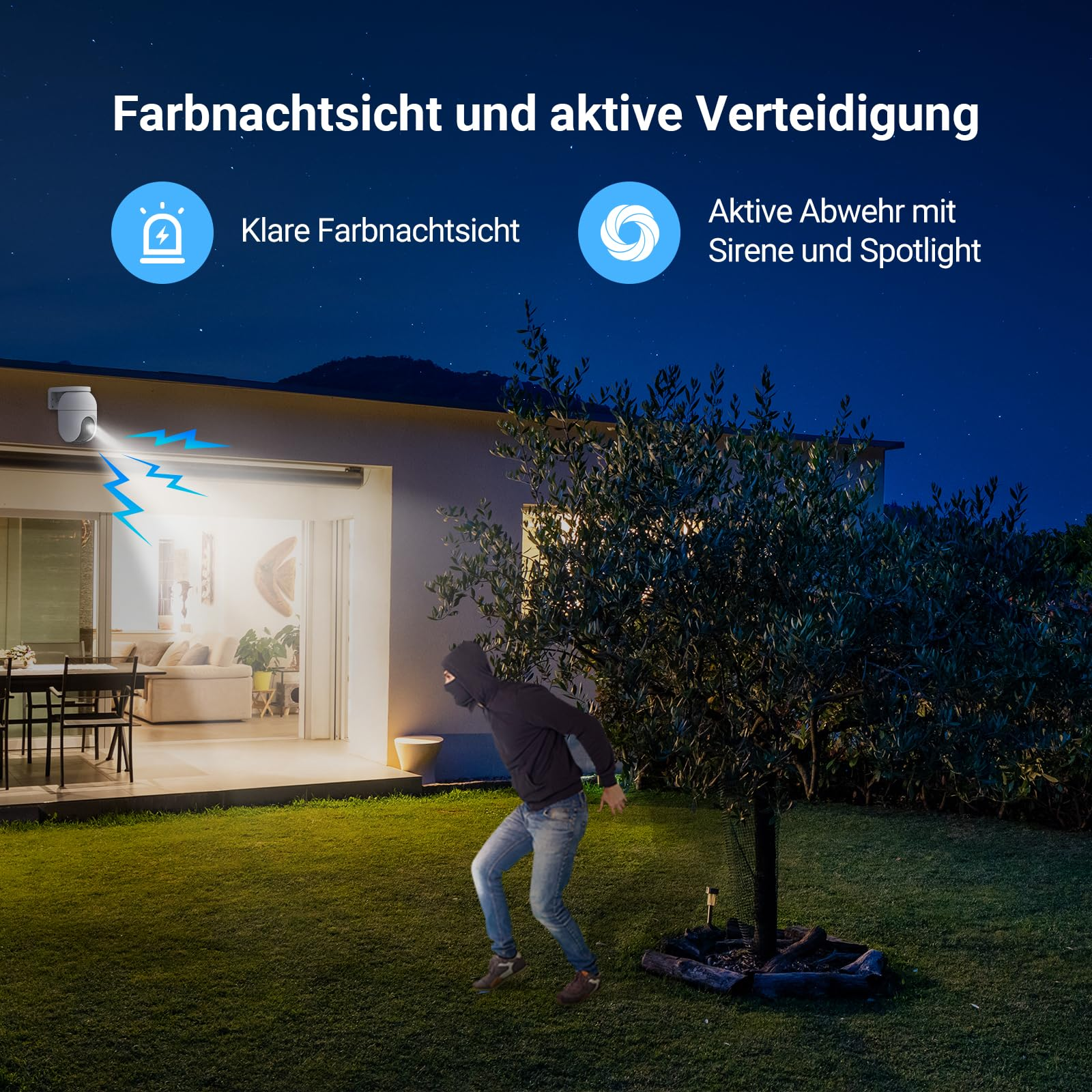 Telecamera di sicurezza illumina un intruso nel giardino fuori casa di notte.